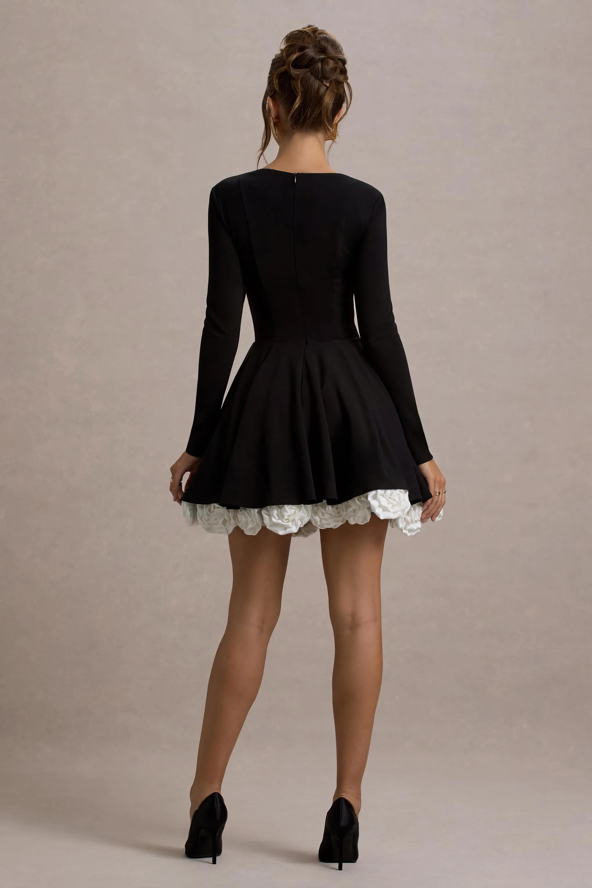 Azelie | Black & White Square-Neck Floral-Trim Mini Dress sold by Club L London product image thumbnail 2