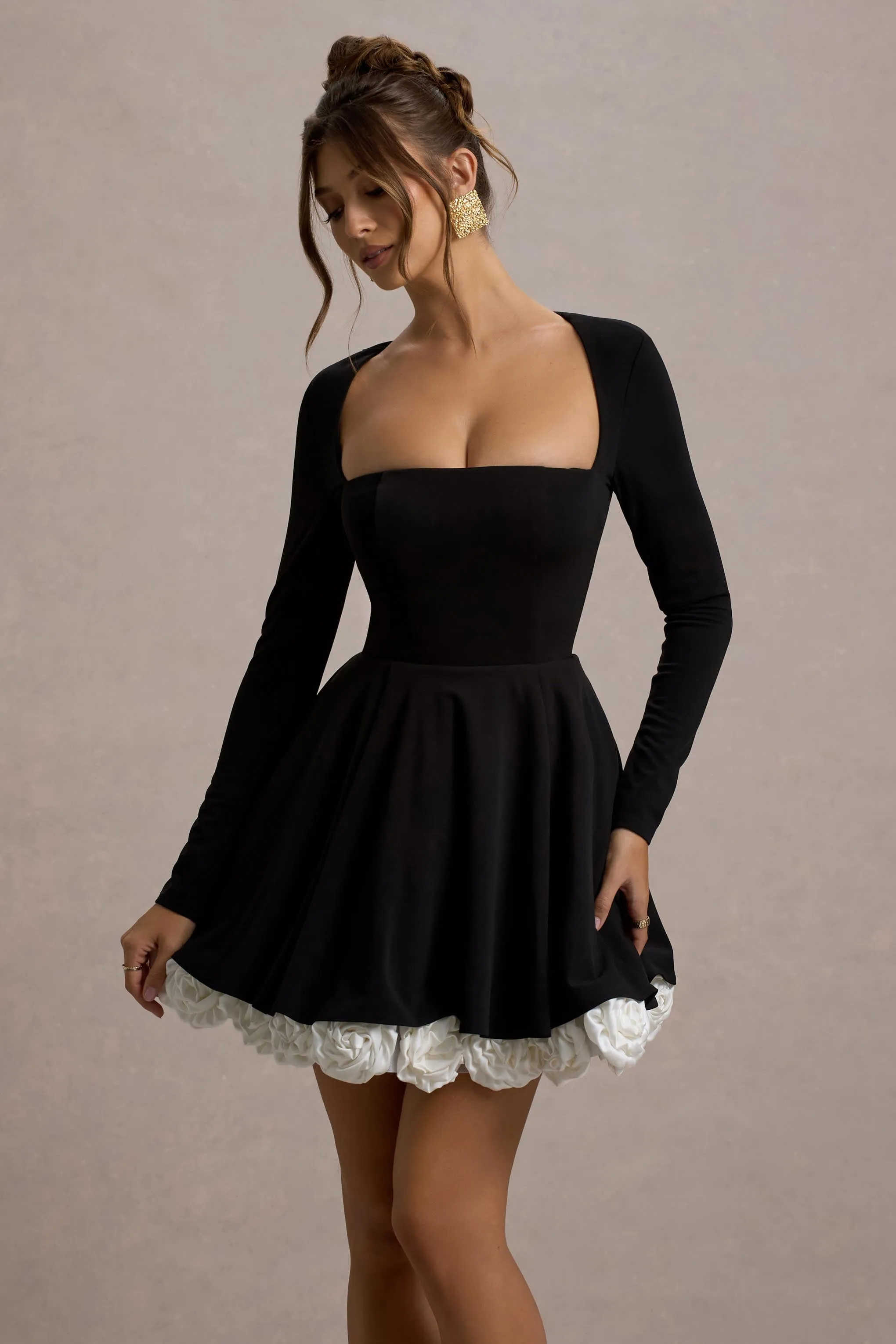 Azelie | Black & White Square-Neck Floral-Trim Mini Dress sold by Club L London product image thumbnail 3
