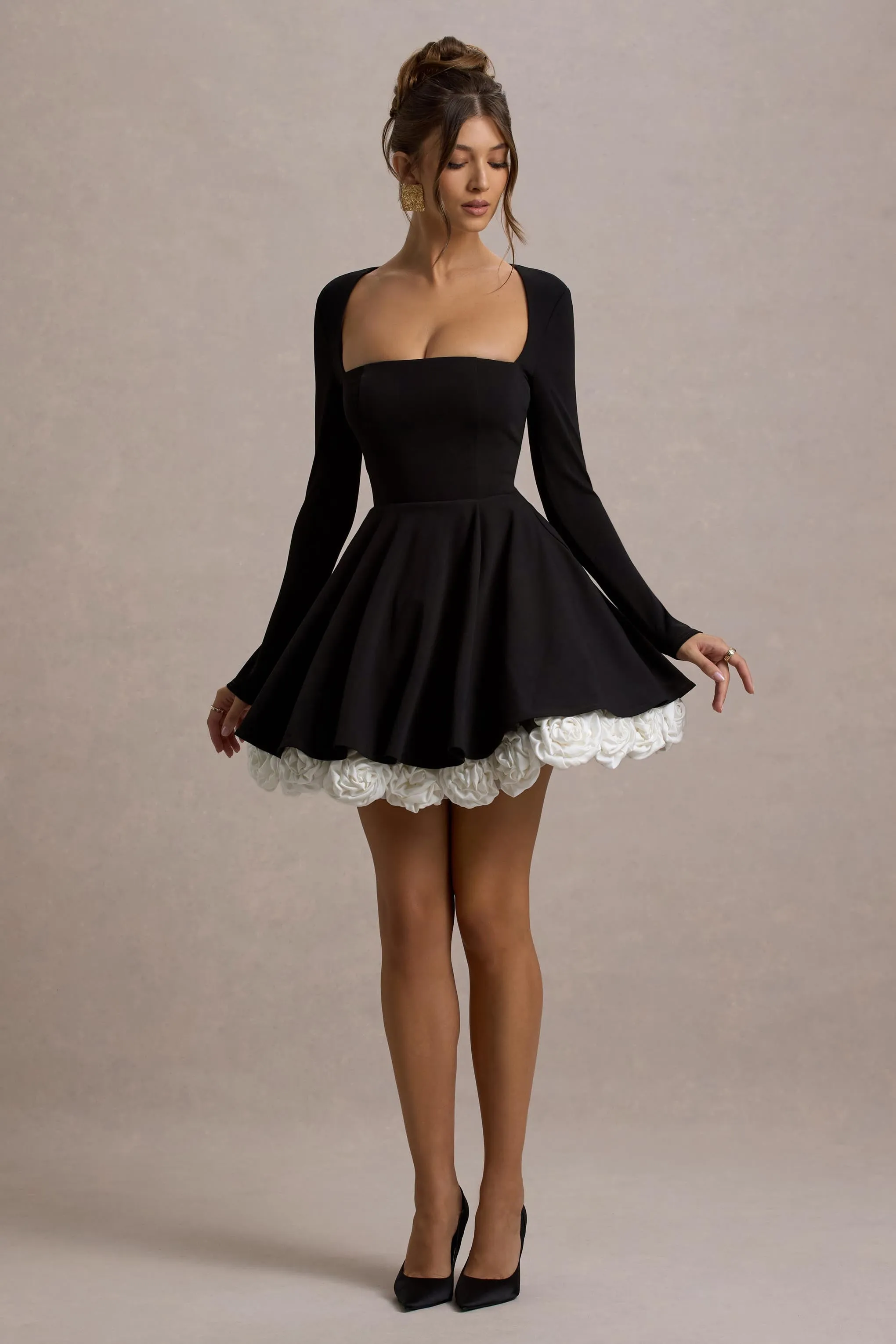 Azelie | Black & White Square-Neck Floral-Trim Mini Dress sold by Club L London product image thumbnail 5