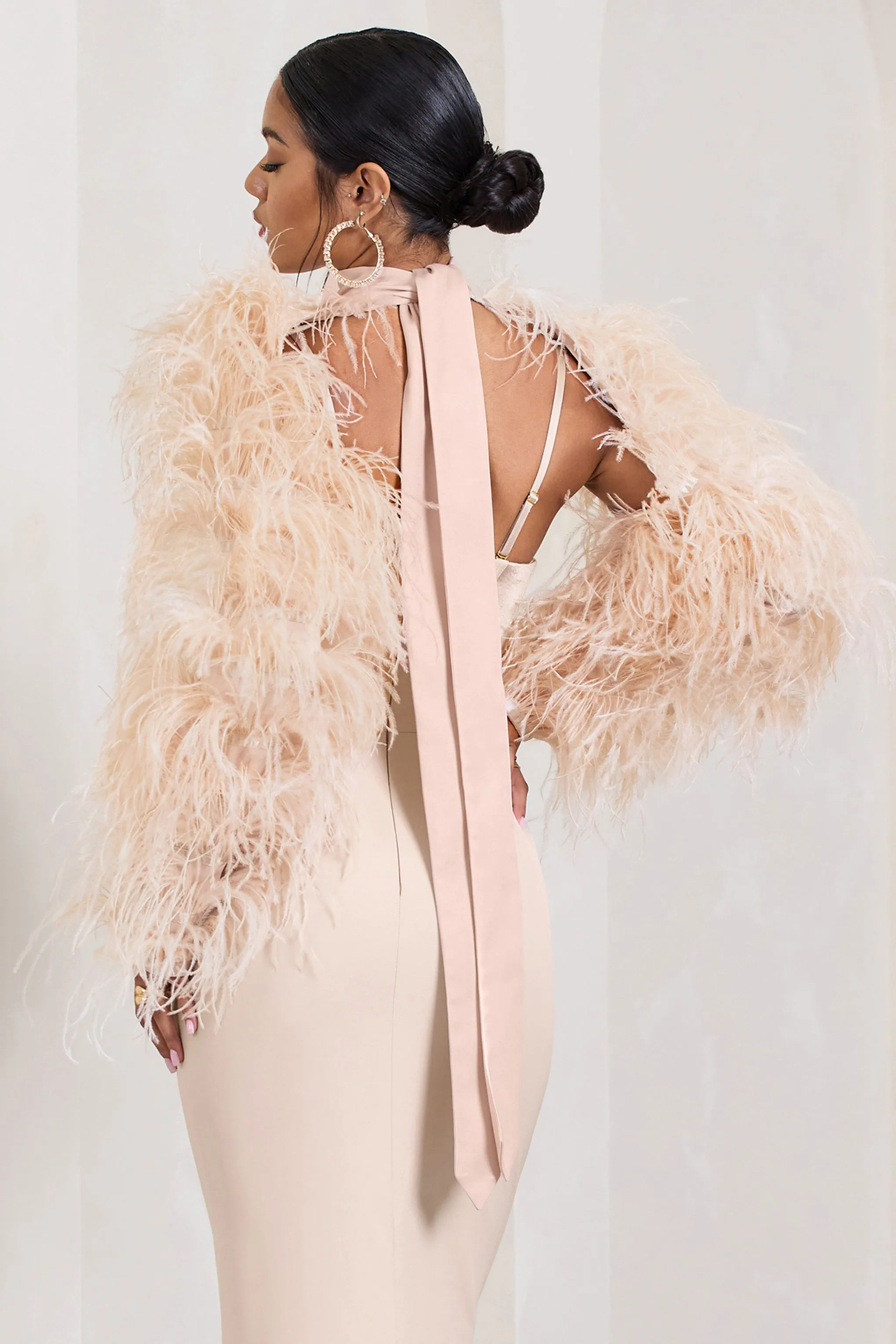 Wild | Champagne Satin Jacket With Long Feather Sleeves sold by Club L London product image thumbnail 2