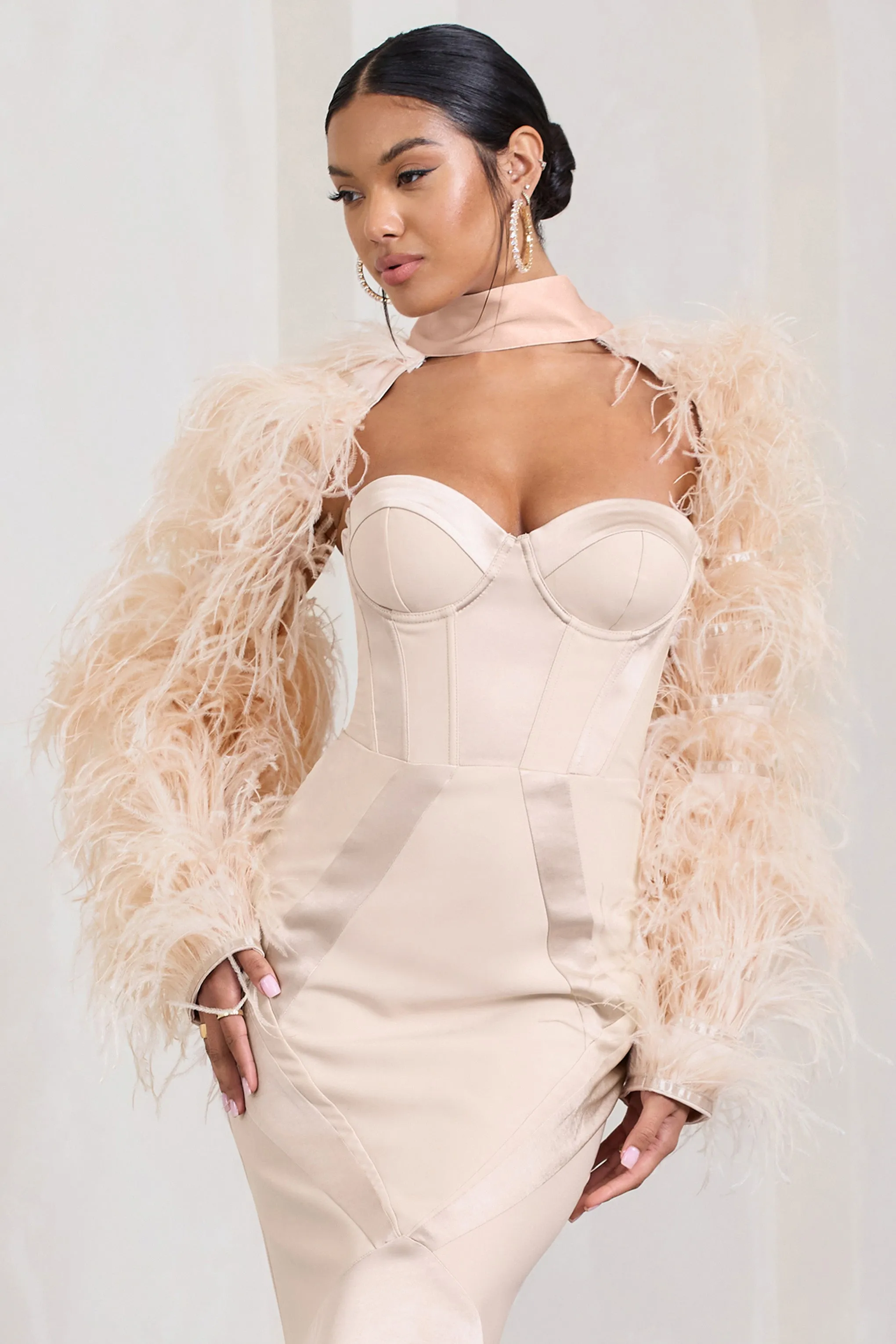 Wild | Champagne Satin Jacket With Long Feather Sleeves sold by Club L London product image thumbnail 5