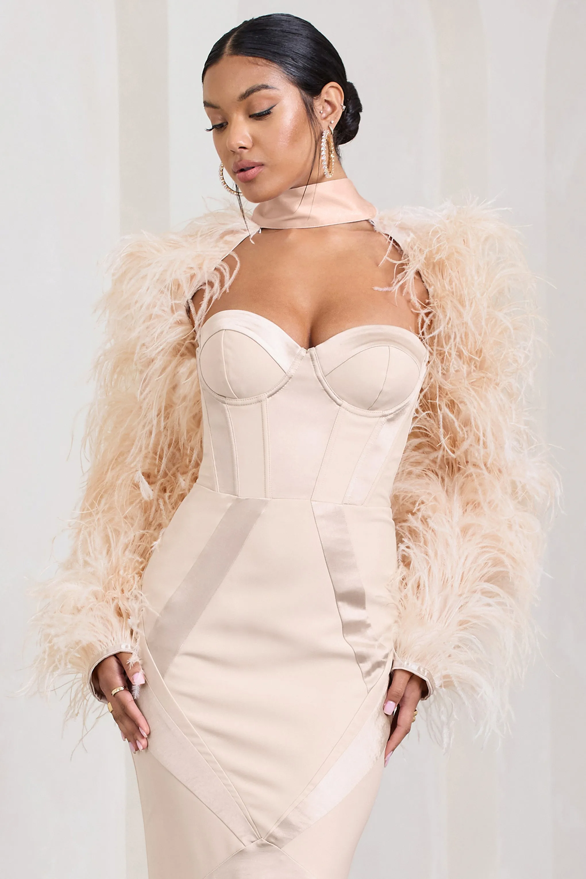 Wild | Champagne Satin Jacket With Long Feather Sleeves sold by Club L London