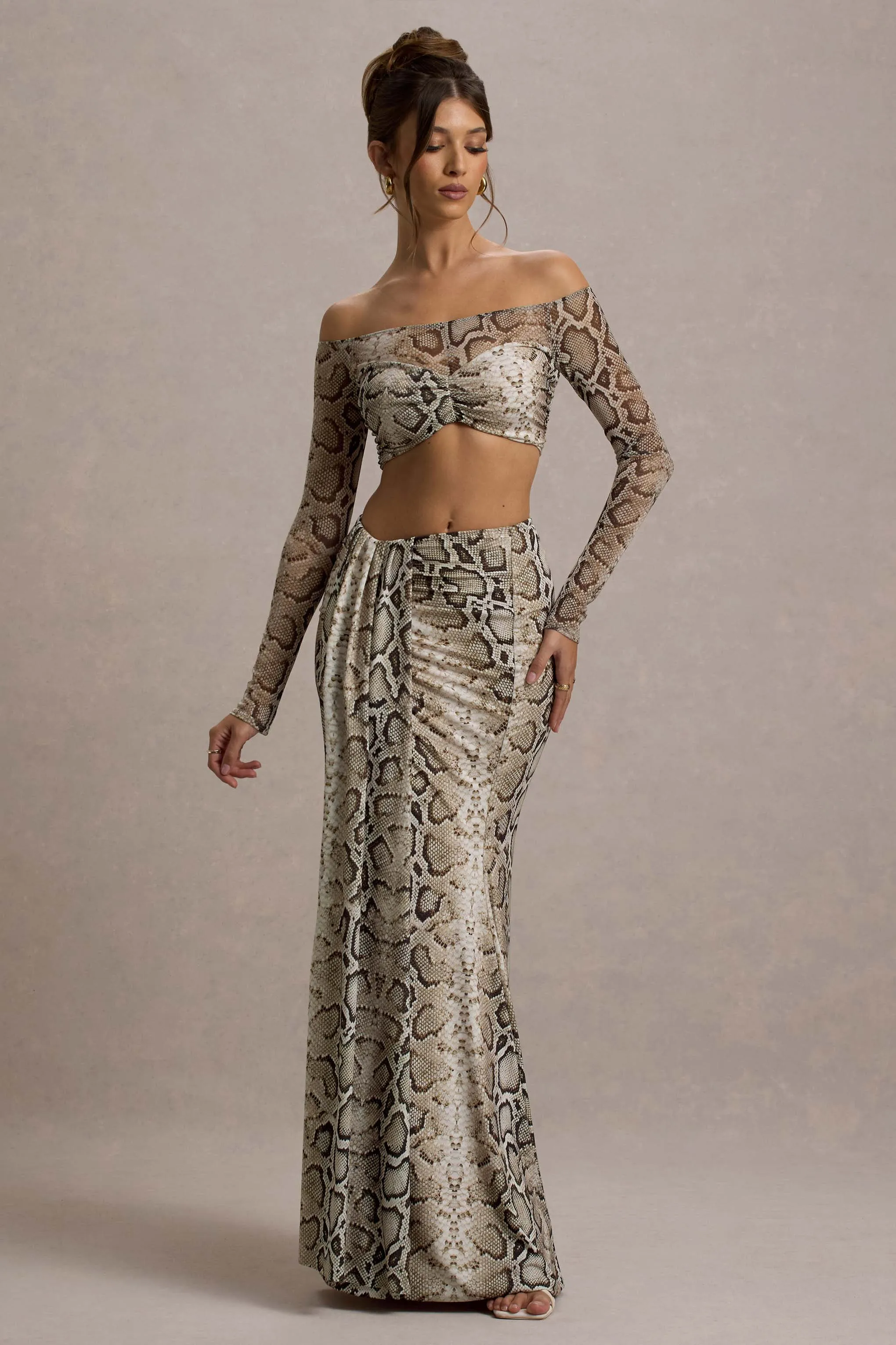 Kelsie | Snake Print Mesh Bardot Crop Top sold by Club L London product image thumbnail 5