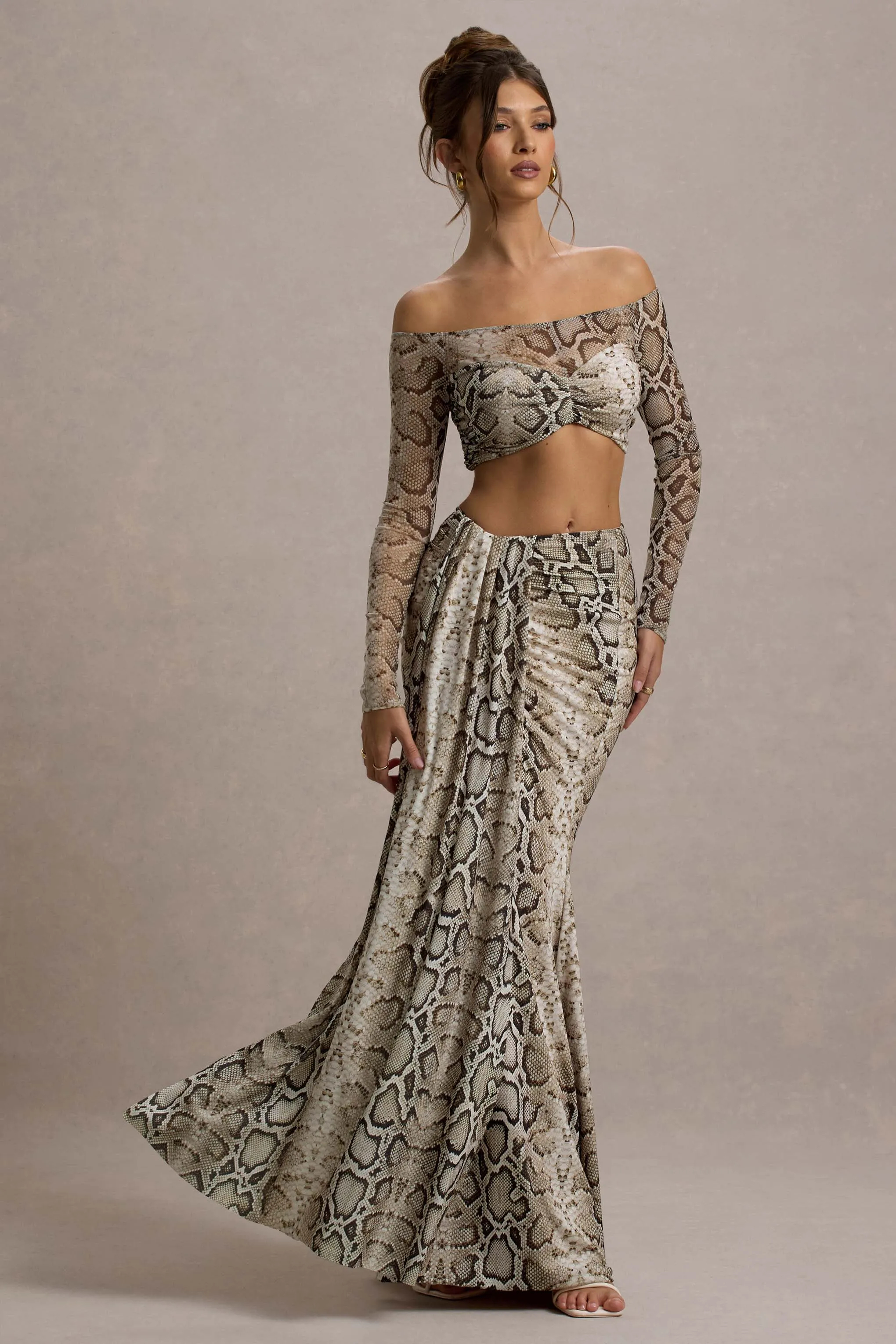 Kelsie | Snake Print Mesh Bardot Crop Top sold by Club L London product image thumbnail 3