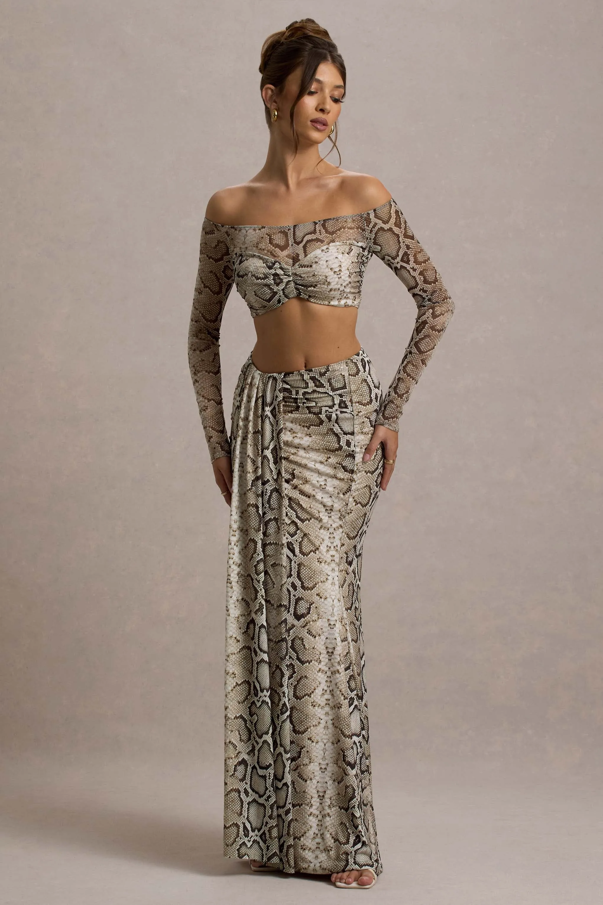 Kelsie | Snake Print Mesh Bardot Crop Top sold by Club L London product image thumbnail 4