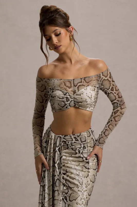 Kelsie | Snake Print Mesh Bardot Crop Top sold by Club L London