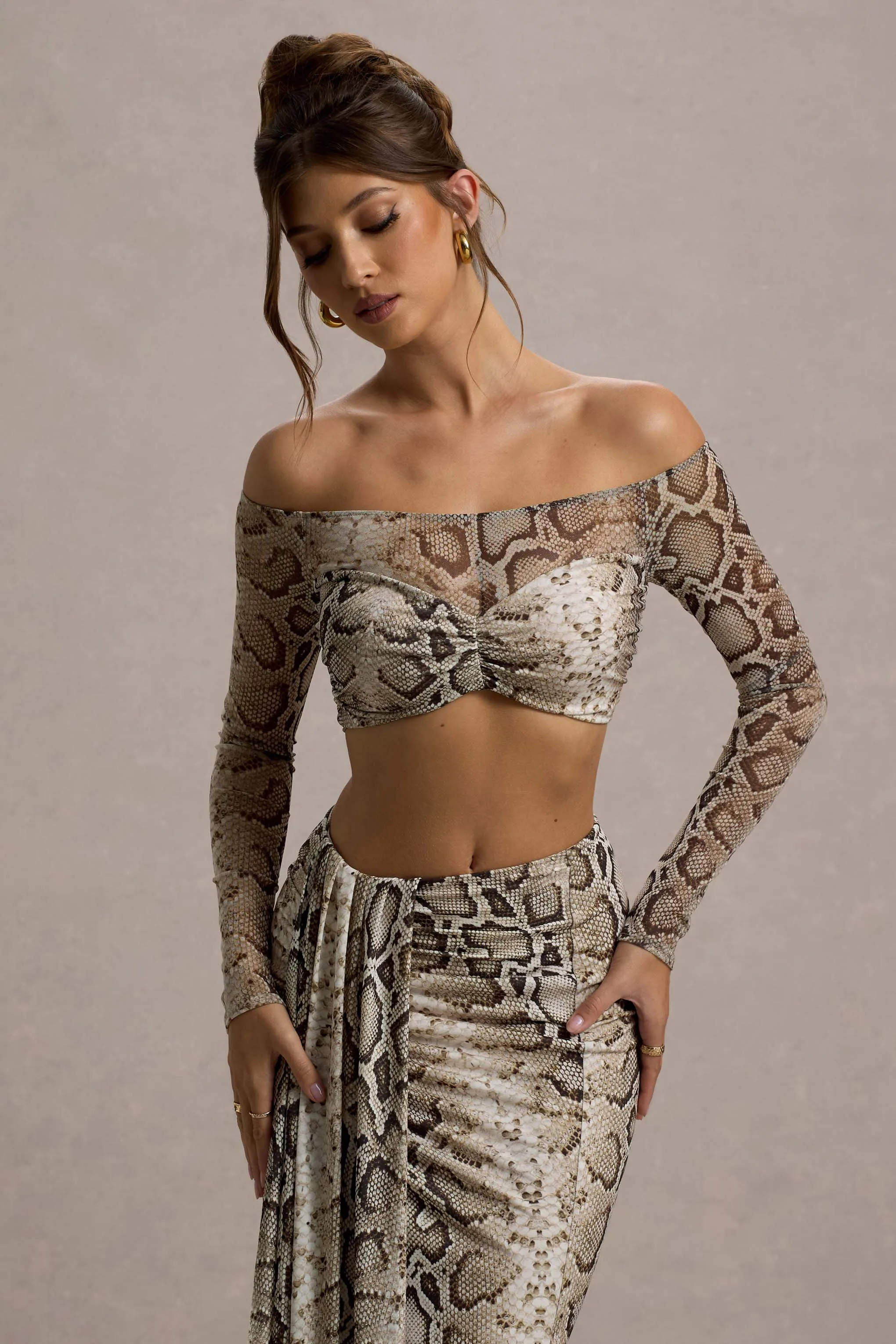 Kelsie | Snake Print Mesh Bardot Crop Top sold by Club L London