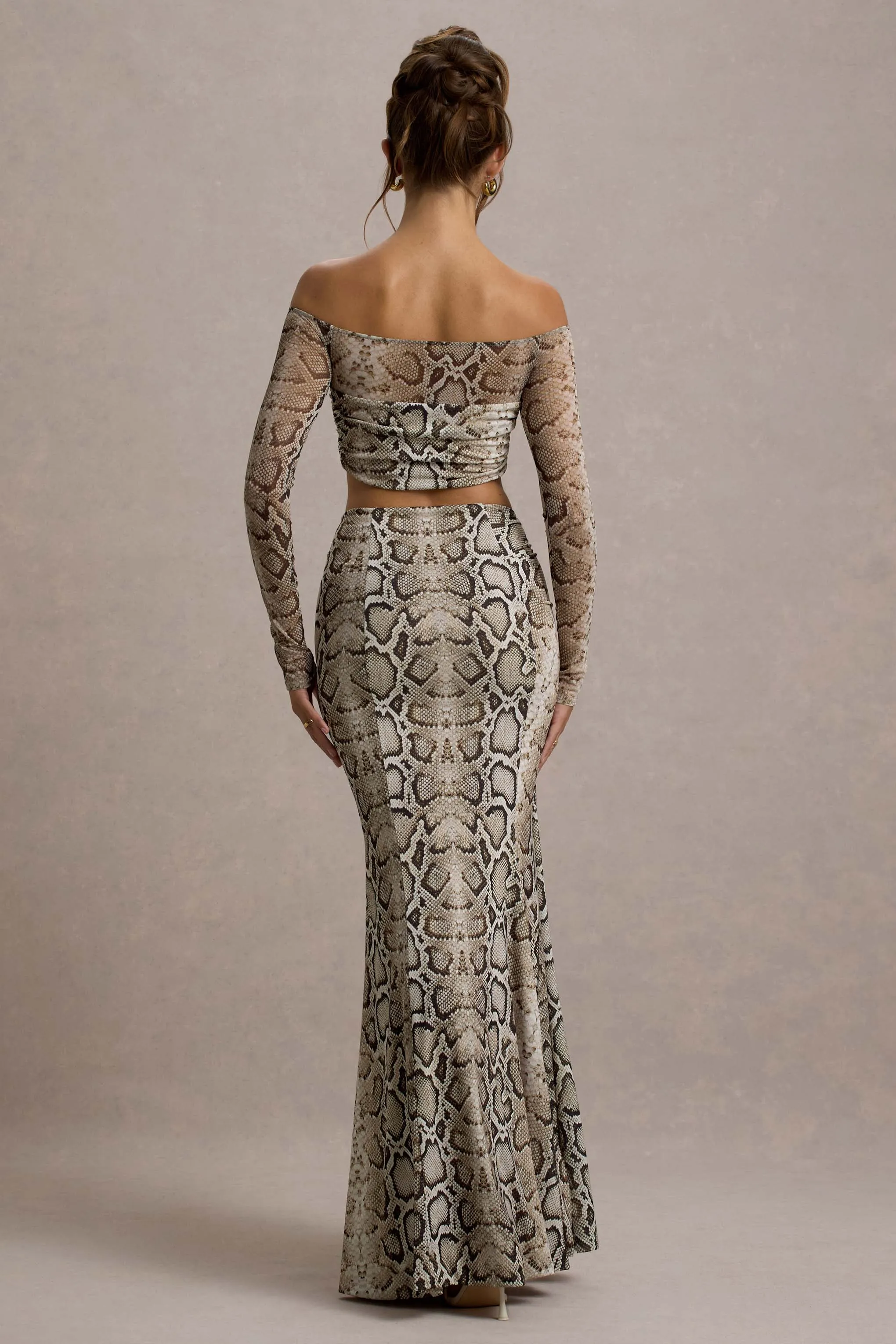 Kelsie | Snake Print Mesh Bardot Crop Top sold by Club L London product image thumbnail 2