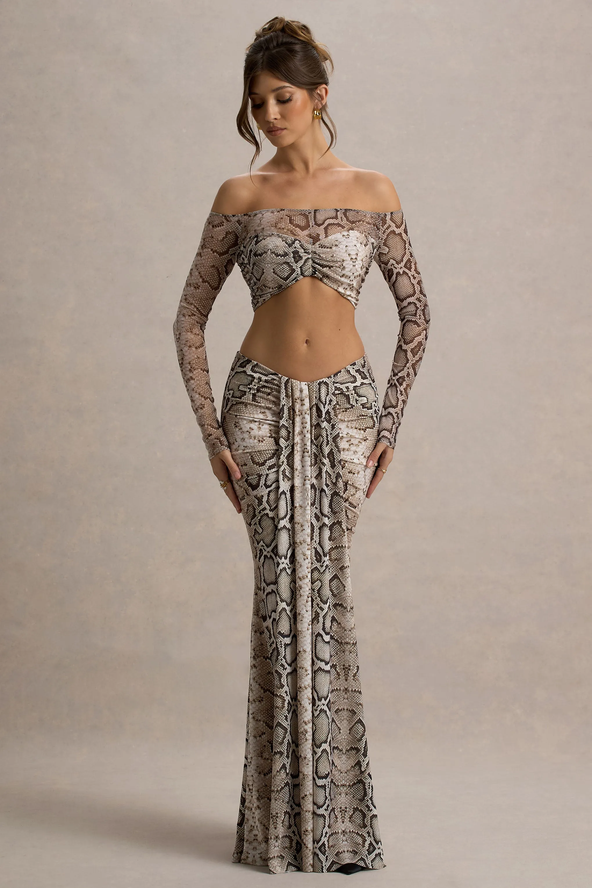 Vitality | Snake Print Ruched Drape Maxi Skirt sold by Club L London
