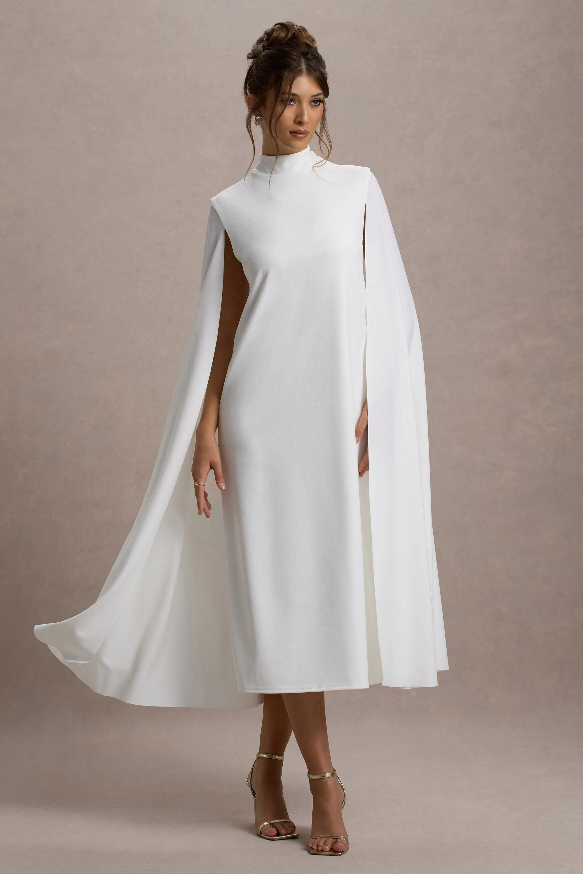Carnation | White Long-Sleeve Midi Dress With Cape sold by Club L London