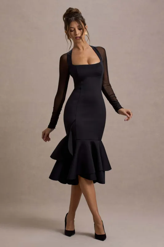 Sander | Black Mesh Long-Sleeve Ruffle-Hem Midi Dress sold by Club L London