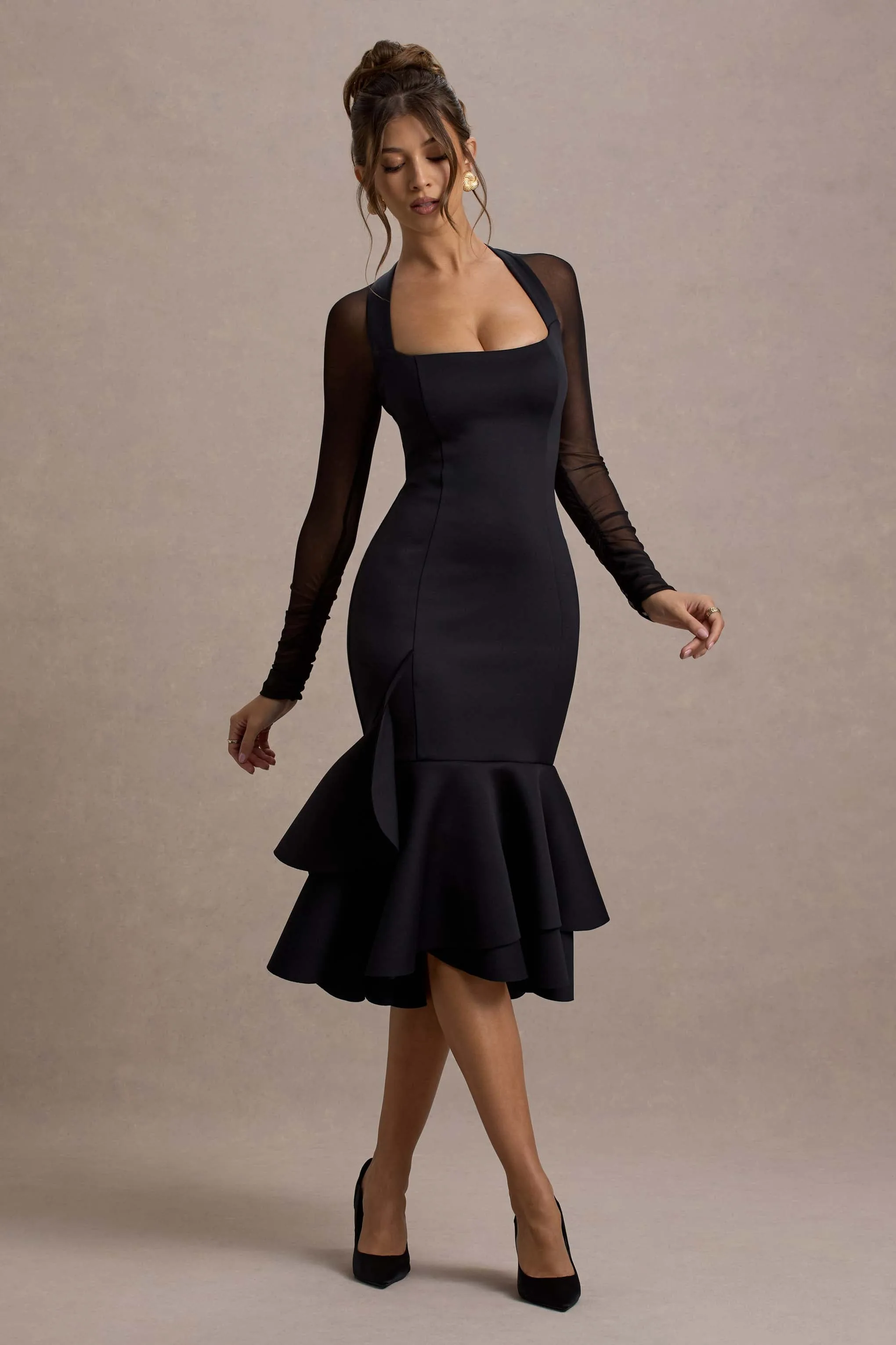 Sander | Black Mesh Long-Sleeve Ruffle-Hem Midi Dress sold by Club L London