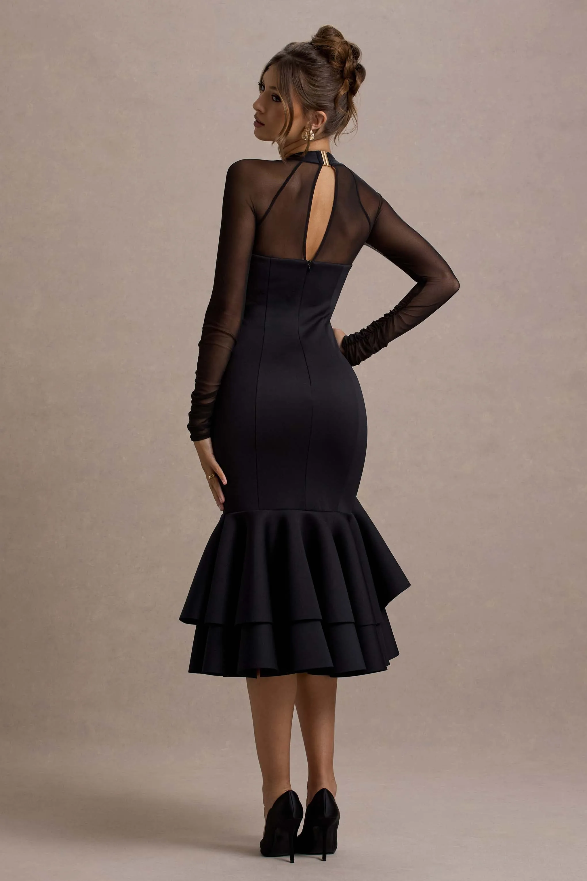 Sander | Black Mesh Long-Sleeve Ruffle-Hem Midi Dress sold by Club L London product image thumbnail 2