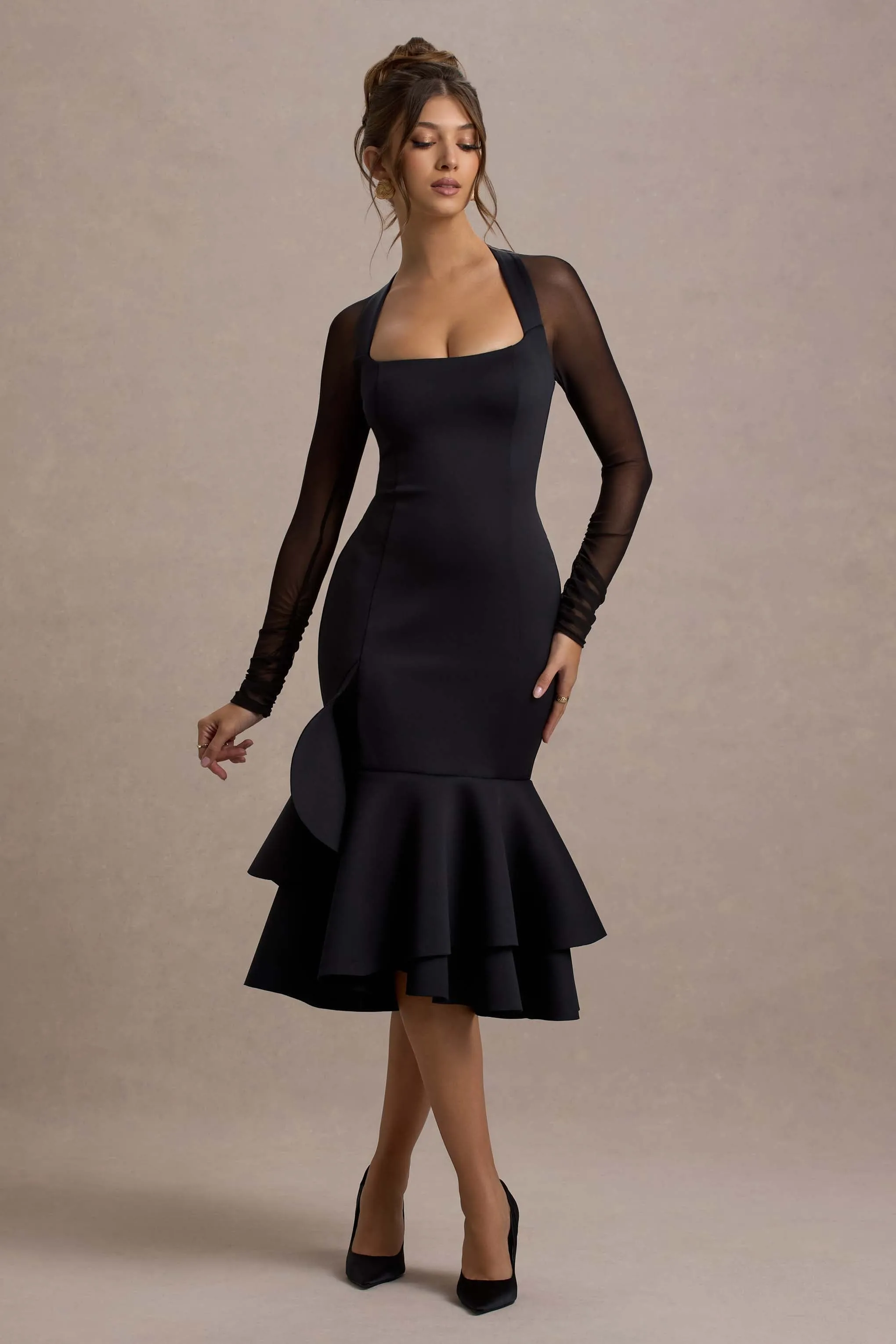Sander | Black Mesh Long-Sleeve Ruffle-Hem Midi Dress sold by Club L London product image thumbnail 5
