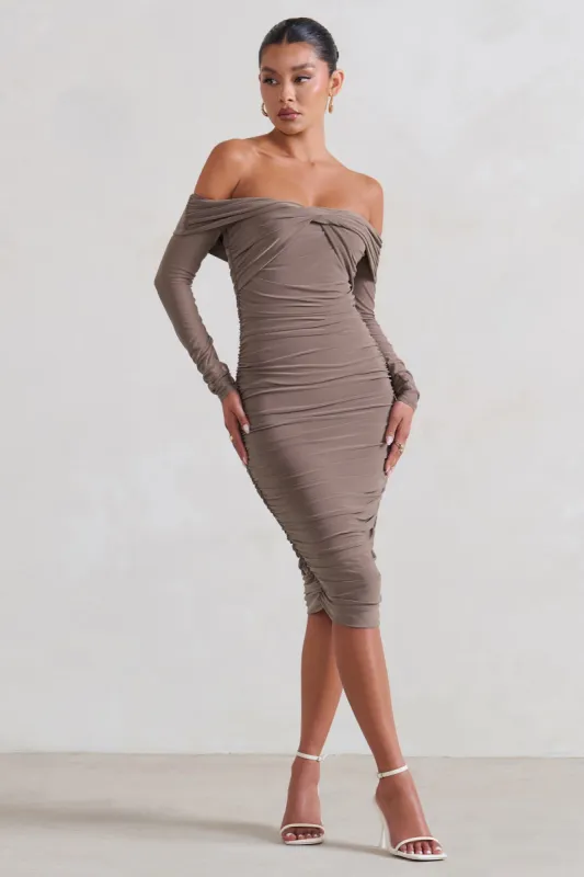 Neva | Mocha Bardot Twist Midi Dress sold by Club L London