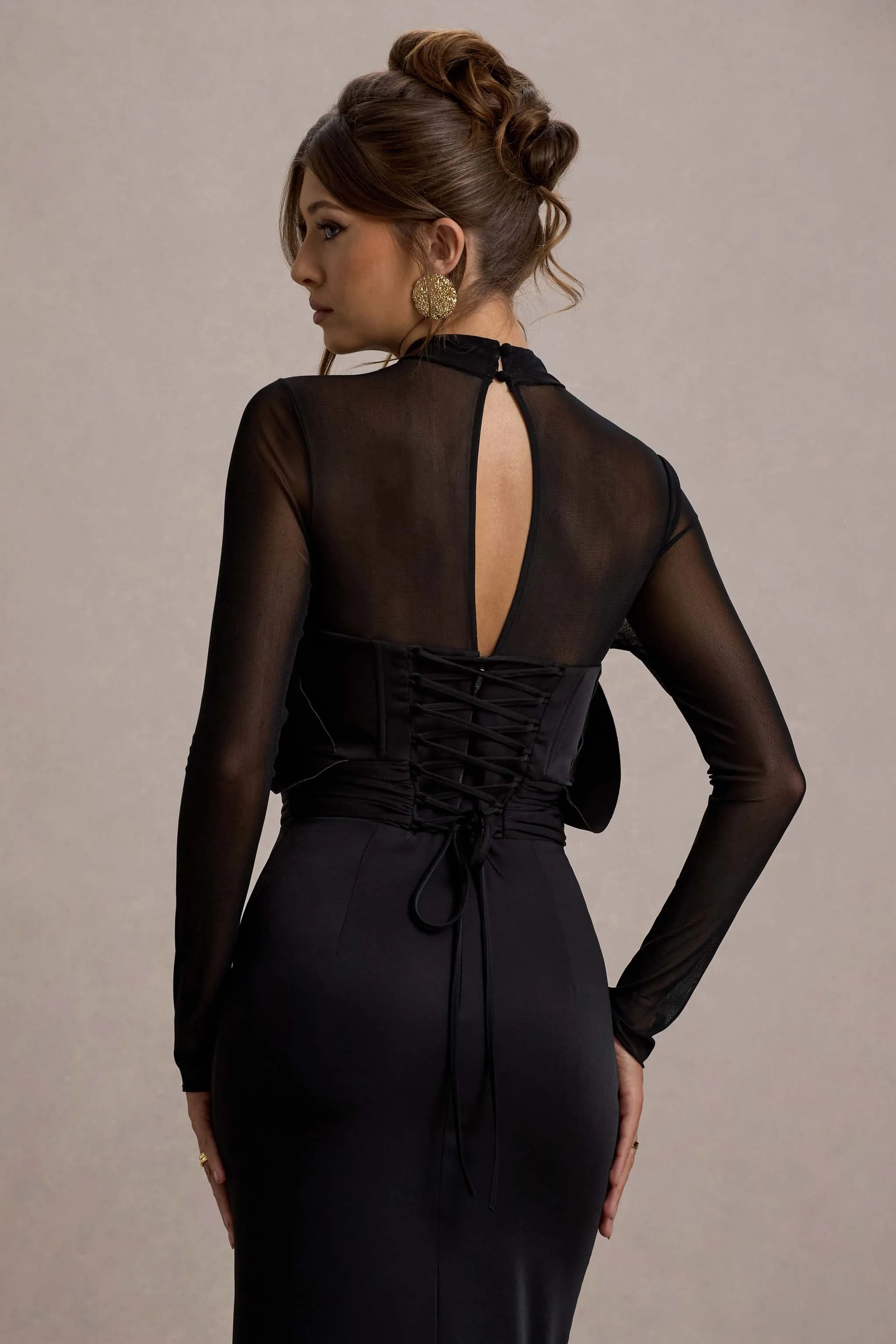 Alder | Black Mesh Long-Sleeve Ruffled Split Maxi Dress sold by Club L London product image thumbnail 4