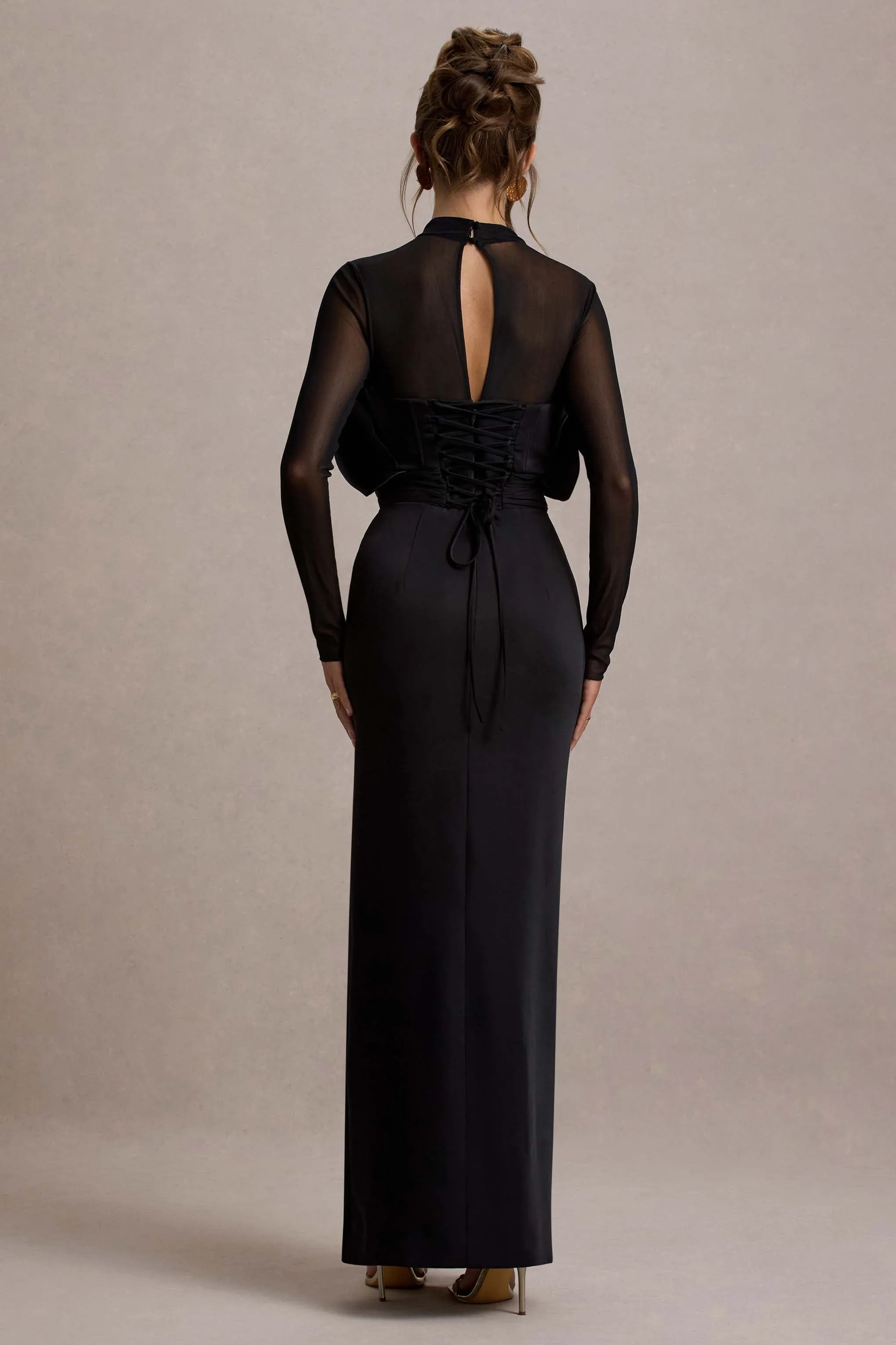 Alder | Black Mesh Long-Sleeve Ruffled Split Maxi Dress sold by Club L London product image thumbnail 2