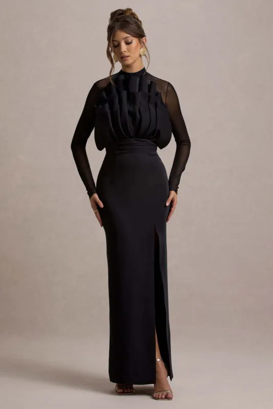 Alder | Black Mesh Long-Sleeve Ruffled Split Maxi Dress sold by Club L London