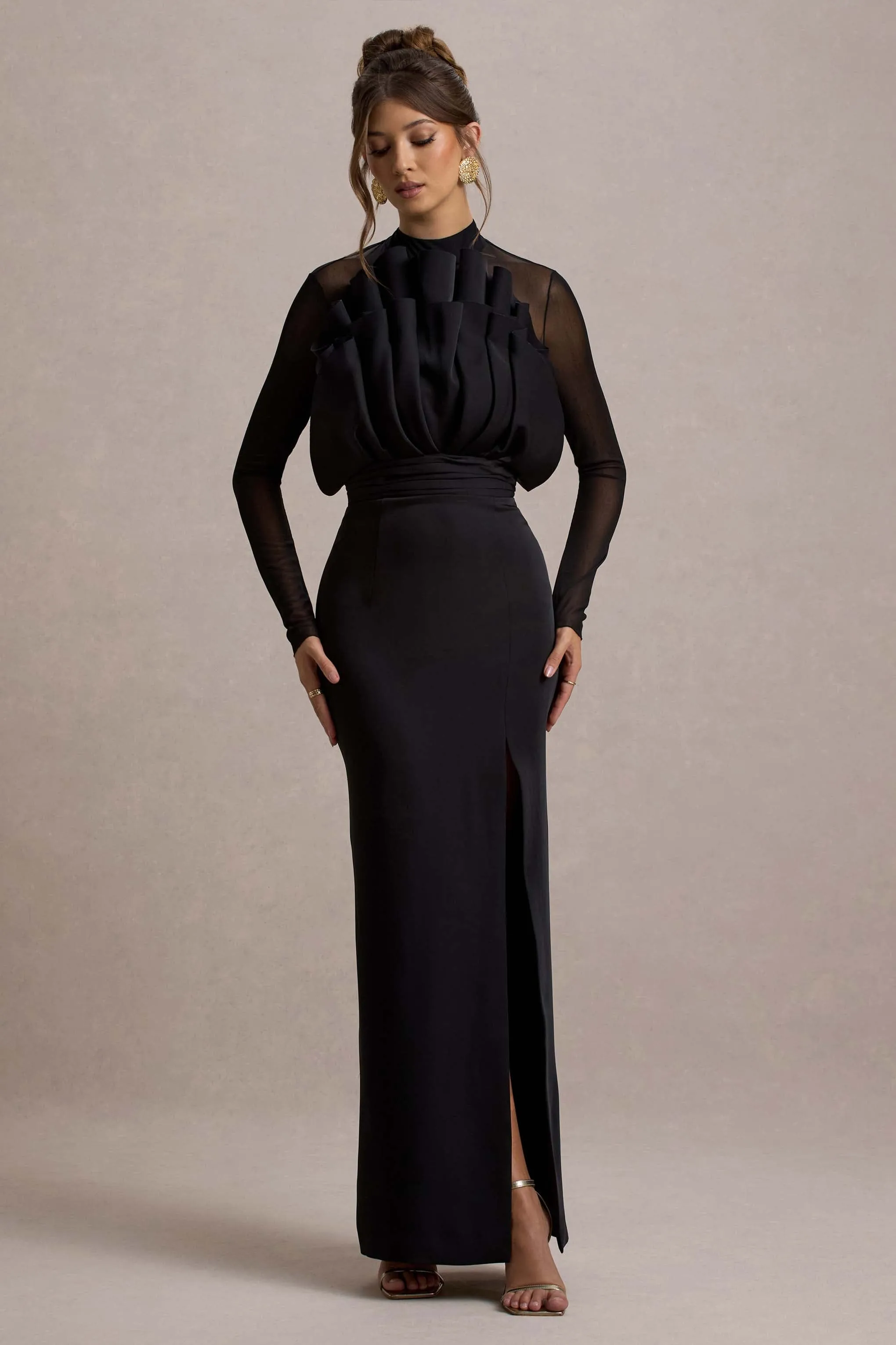 Alder | Black Mesh Long-Sleeve Ruffled Split Maxi Dress sold by Club L London