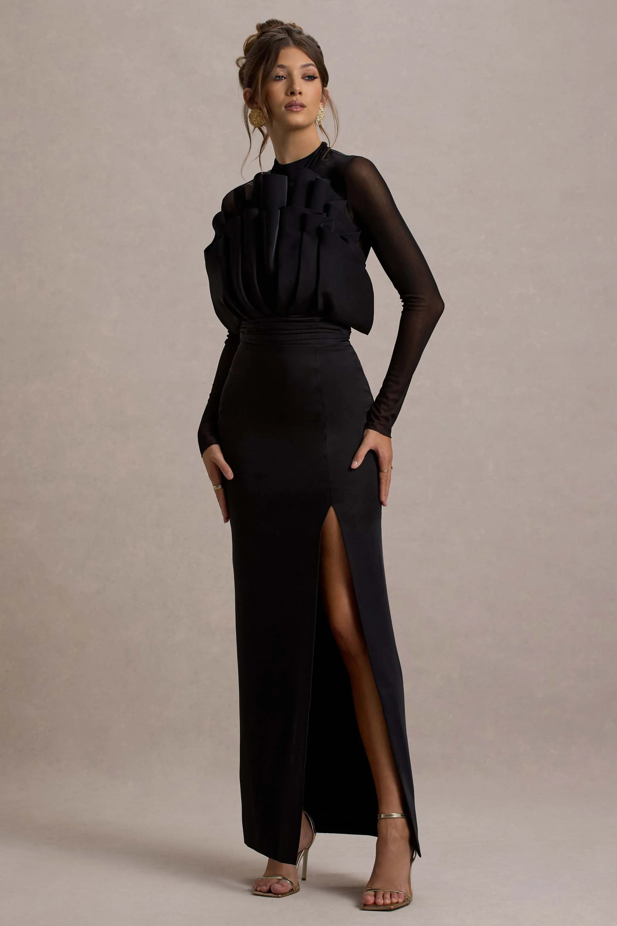 Alder | Black Mesh Long-Sleeve Ruffled Split Maxi Dress sold by Club L London product image thumbnail 5