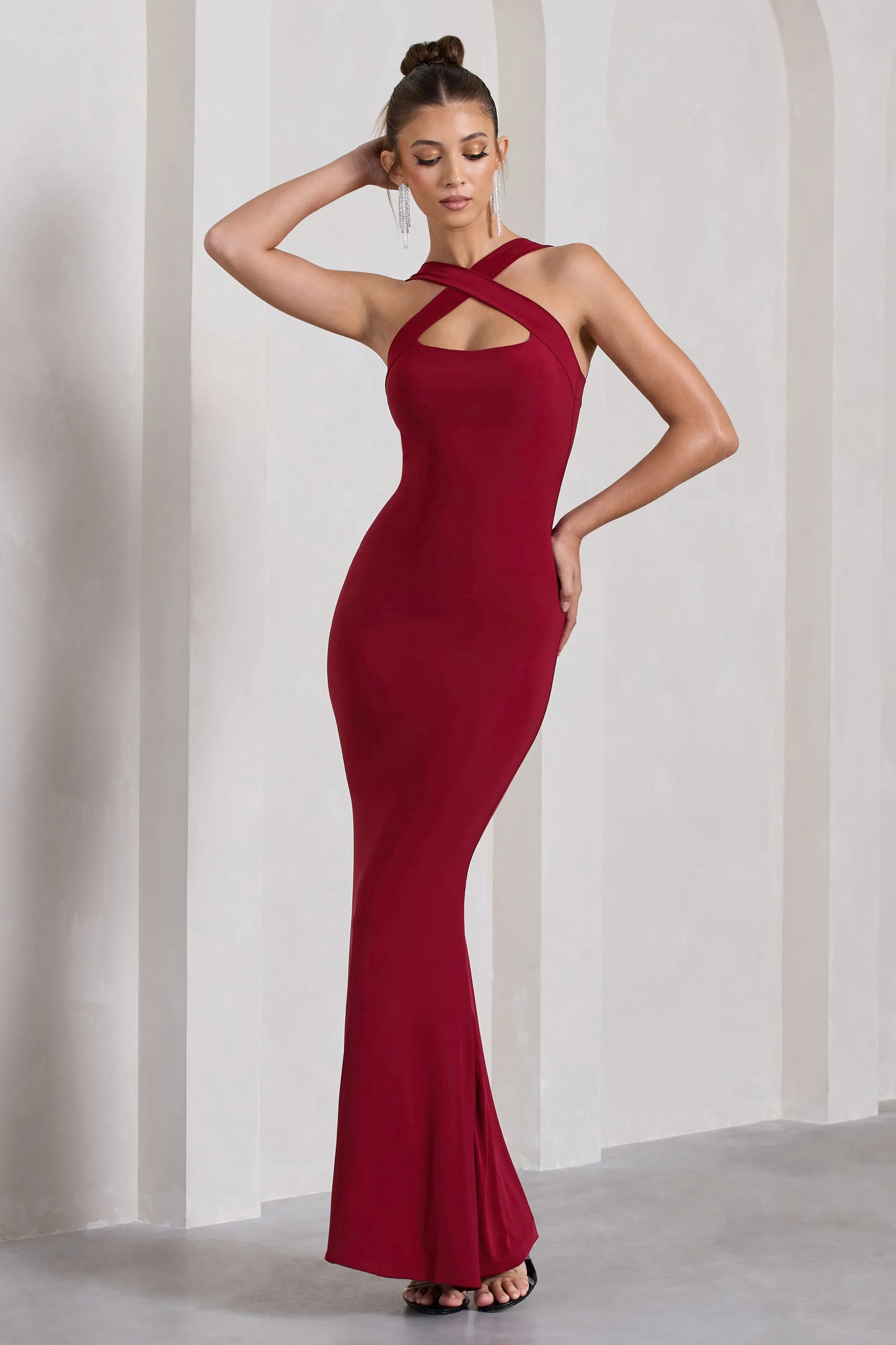 Cross My Heart | Berry Red Sleeveless Cross-Neck Maxi Dress sold by Club L London product image thumbnail 5