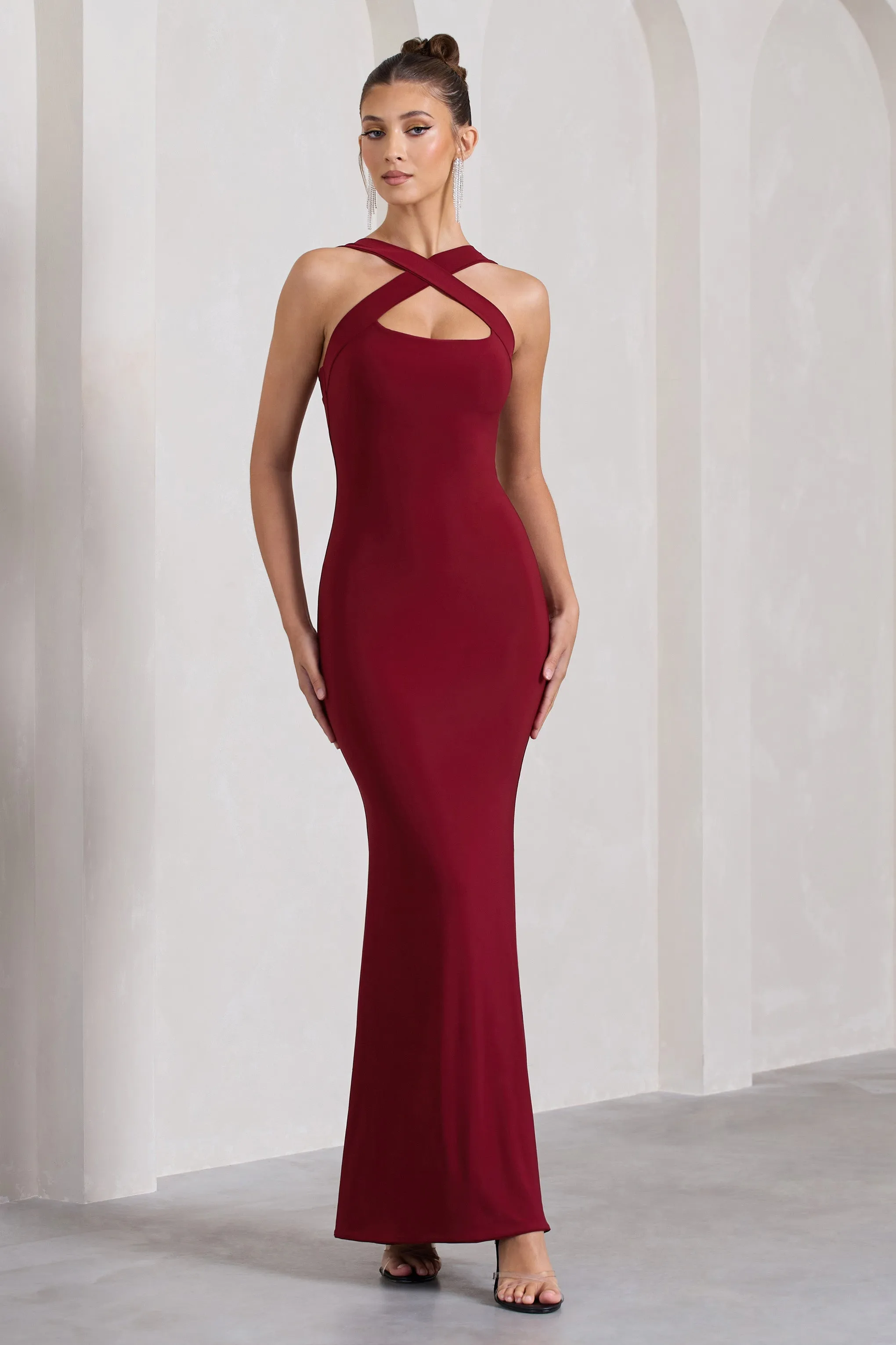 Cross My Heart | Berry Red Sleeveless Cross-Neck Maxi Dress sold by Club L London