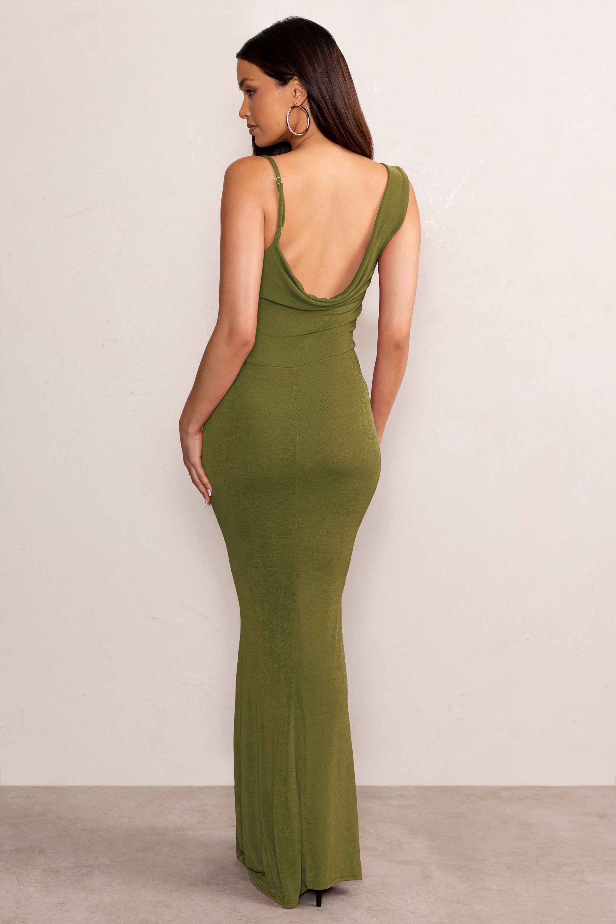 Phantasy | Olive Asymmetric Neckline Cowl Maxi Dress sold by Club L London product image thumbnail 2