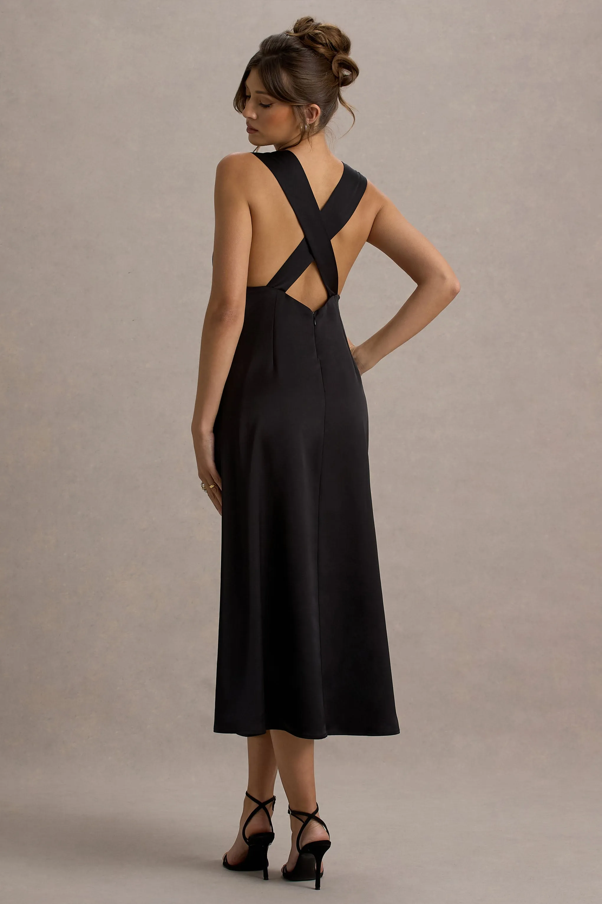Beck | Black Satin Plunge-Neck Cross-Back Midi Dress sold by Club L London product image thumbnail 2