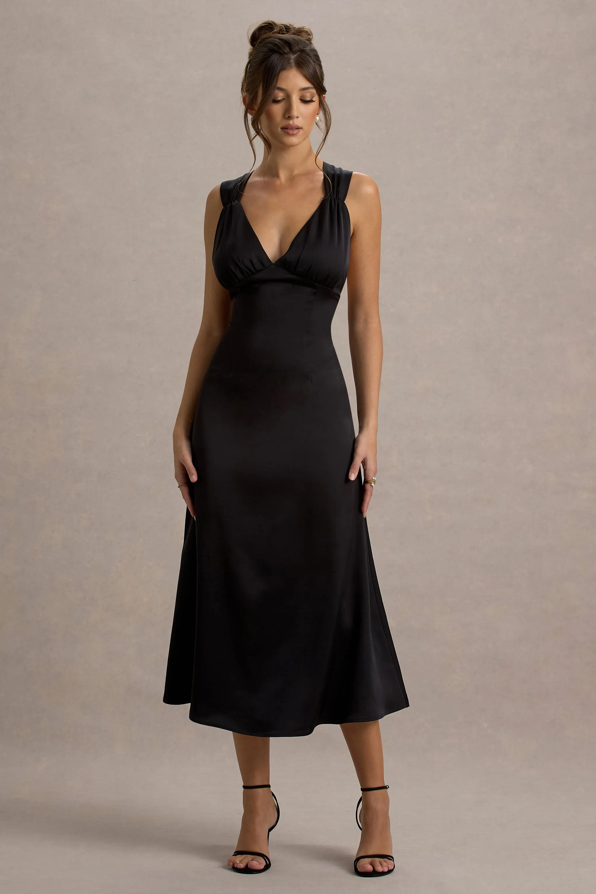 Beck | Black Satin Plunge-Neck Cross-Back Midi Dress sold by Club L London product image thumbnail 4