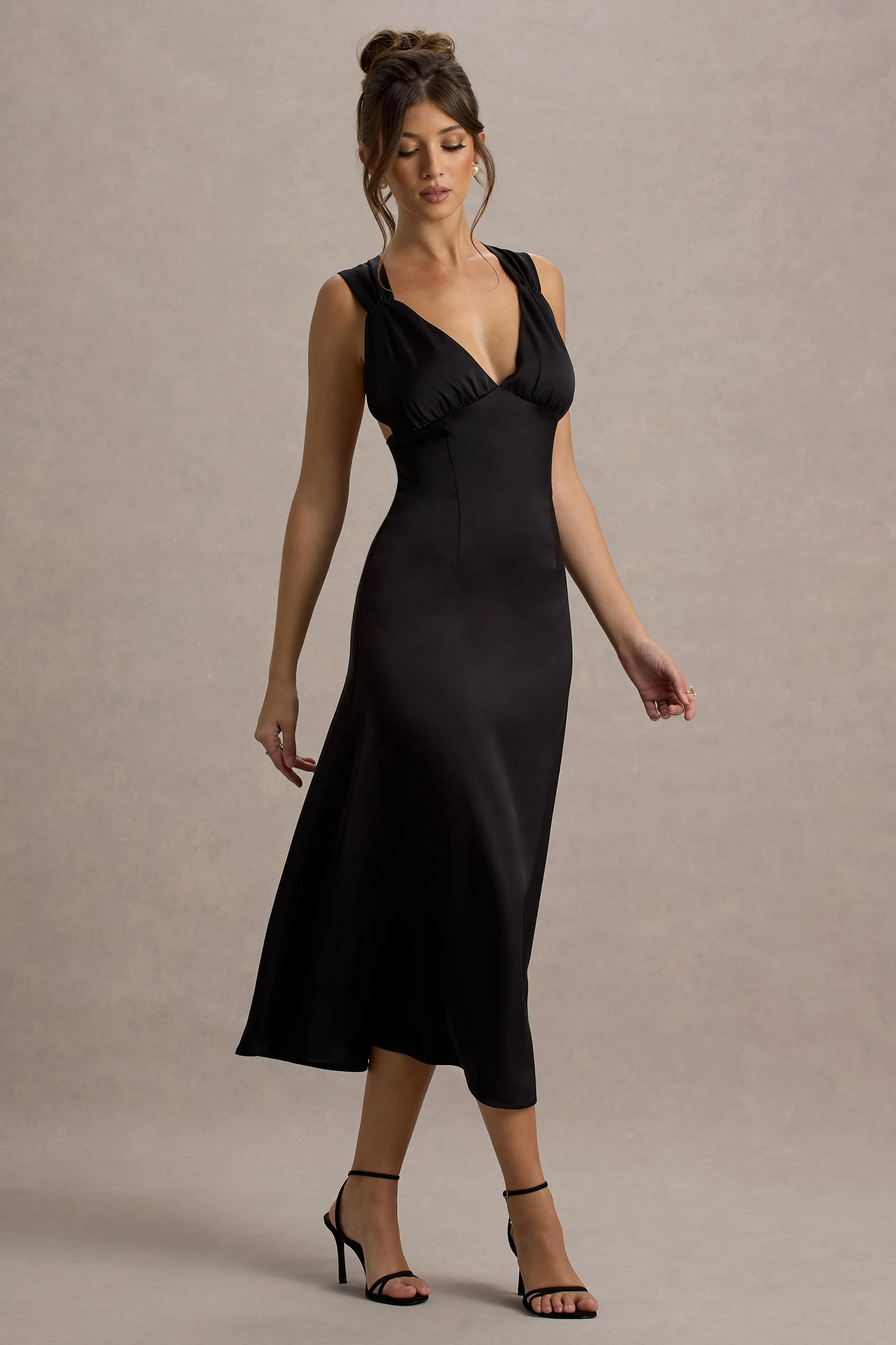 Beck | Black Satin Plunge-Neck Cross-Back Midi Dress sold by Club L London product image thumbnail 5