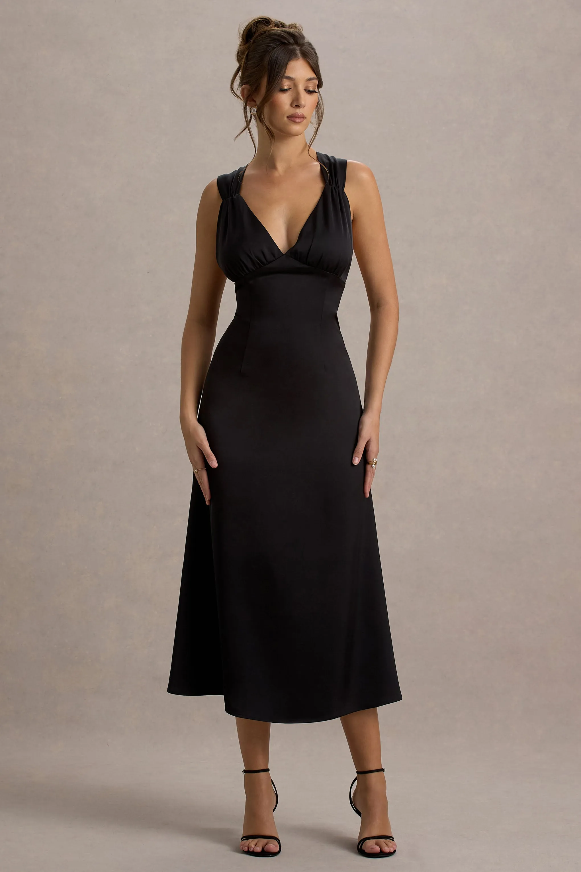 Beck | Black Satin Plunge-Neck Cross-Back Midi Dress sold by Club L London