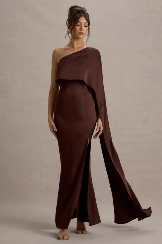Amora | Brown Satin Asymmetric Cape-Sleeve Split Maxi Dress sold by Club L London
