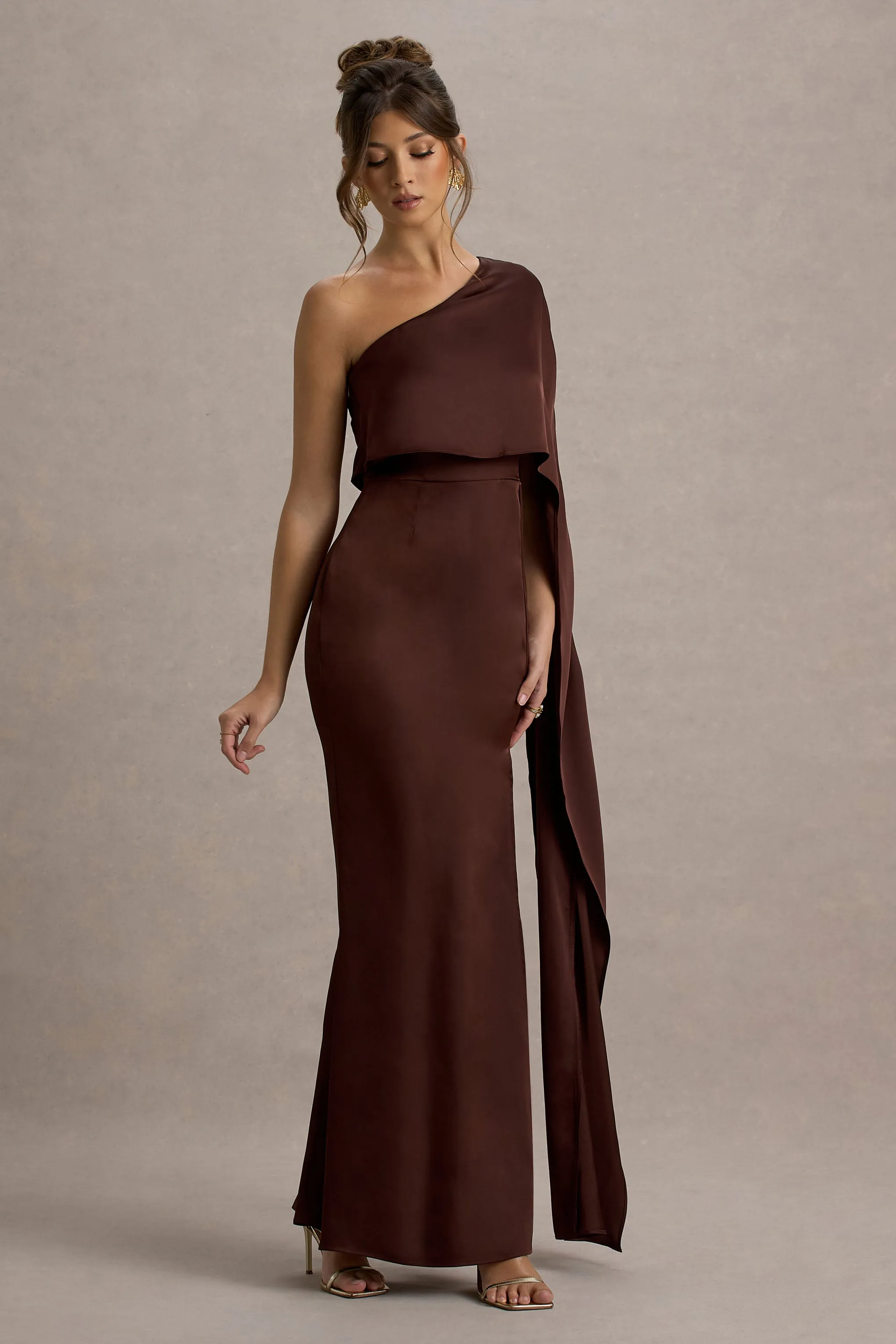 Amora | Brown Satin Asymmetric Cape-Sleeve Split Maxi Dress sold by Club L London product image thumbnail 5