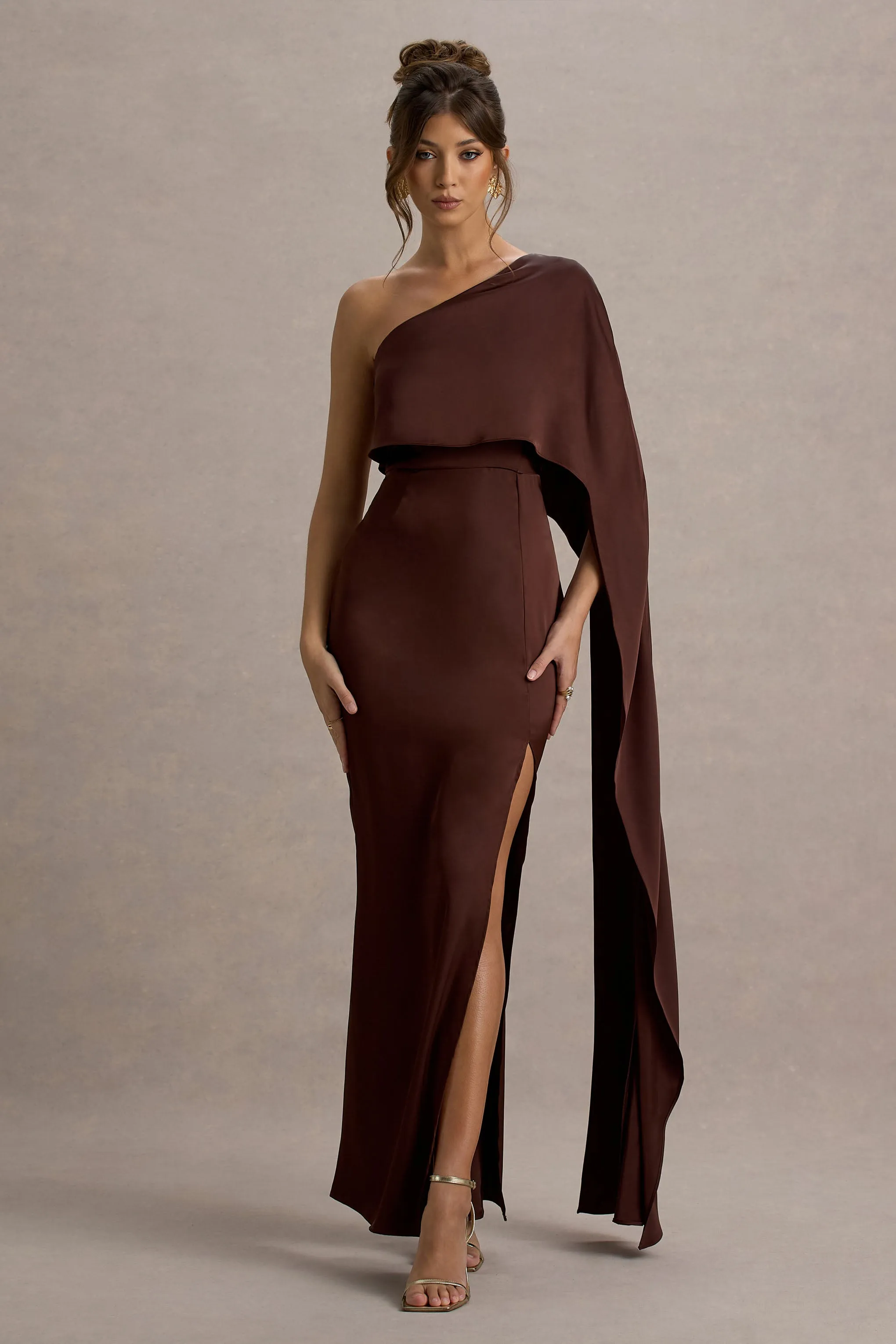 Amora | Brown Satin Asymmetric Cape-Sleeve Split Maxi Dress sold by Club L London product image thumbnail 4