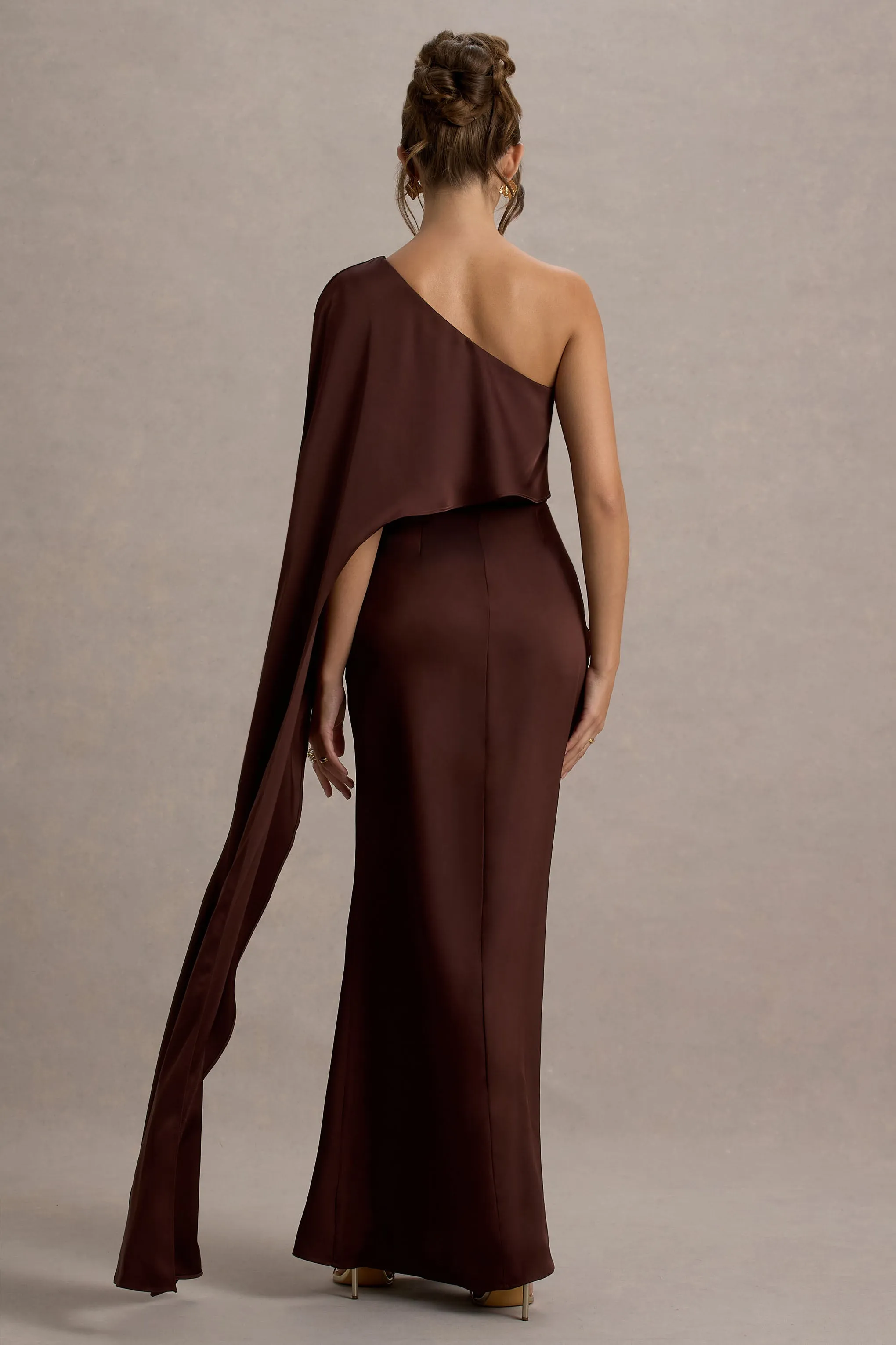 Amora | Brown Satin Asymmetric Cape-Sleeve Split Maxi Dress sold by Club L London product image thumbnail 2
