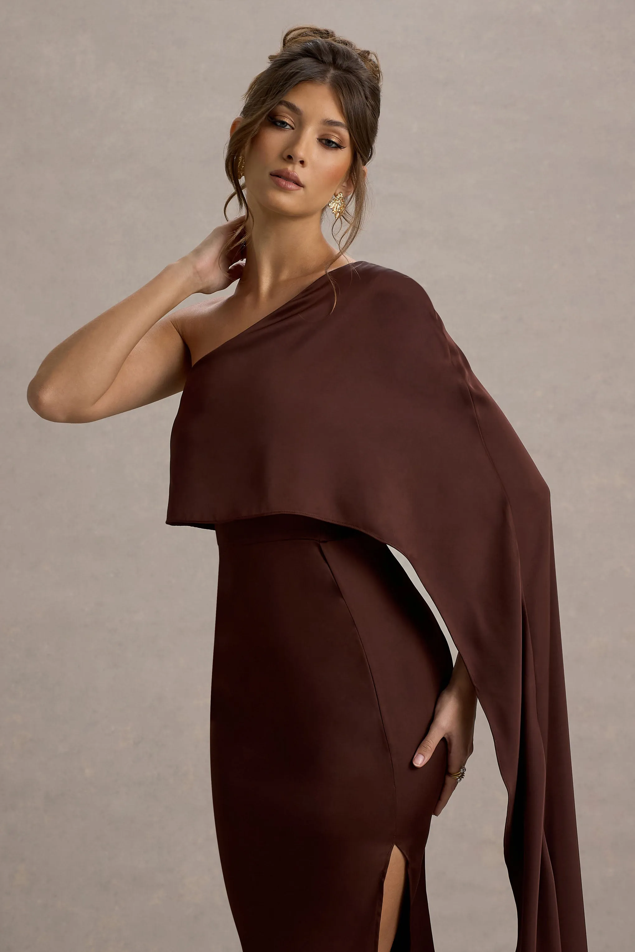 Amora | Brown Satin Asymmetric Cape-Sleeve Split Maxi Dress sold by Club L London product image thumbnail 3