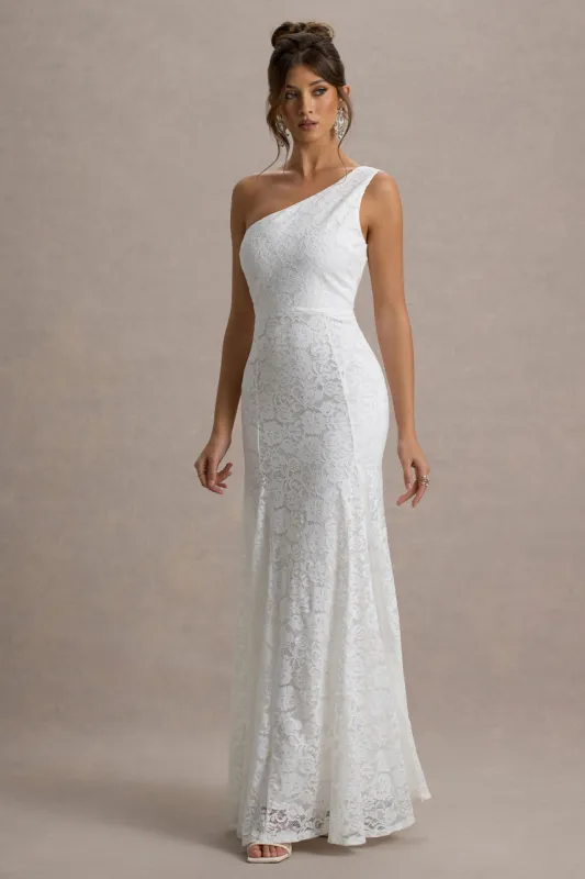 Gigou | White Lace Asymmetric Maxi Dress sold by Club L London