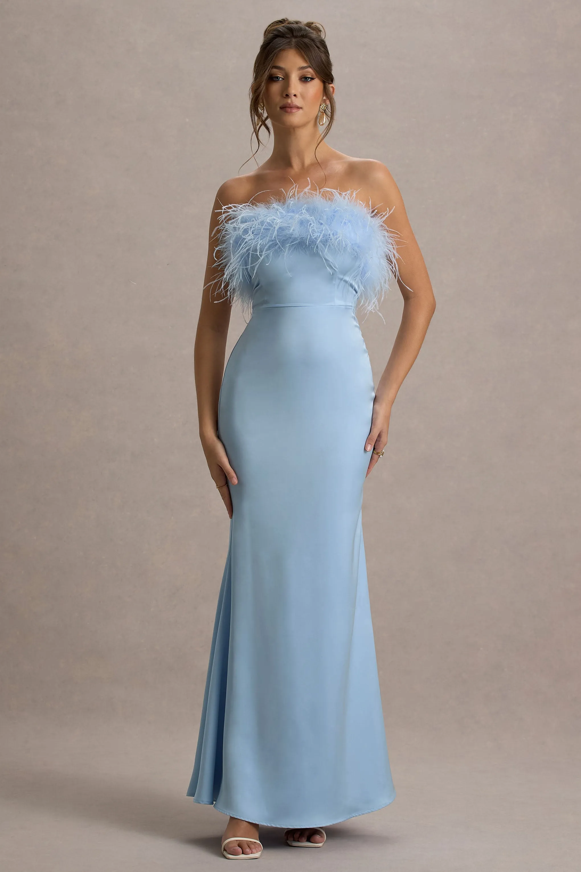 Dress For It | Powder Blue Satin Feather Trim Bandeau Maxi Dress sold by Club L London product image thumbnail 5