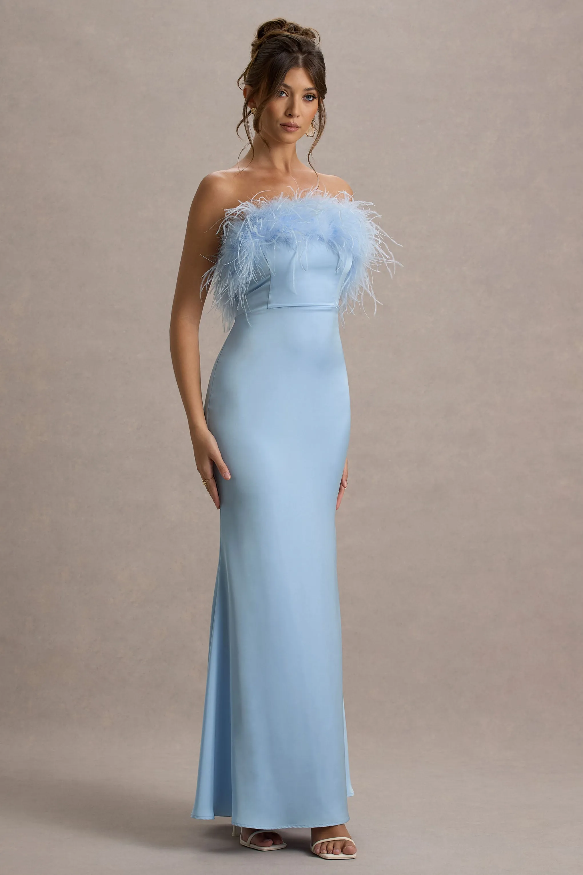 Dress For It | Powder Blue Satin Feather Trim Bandeau Maxi Dress sold by Club L London product image thumbnail 4