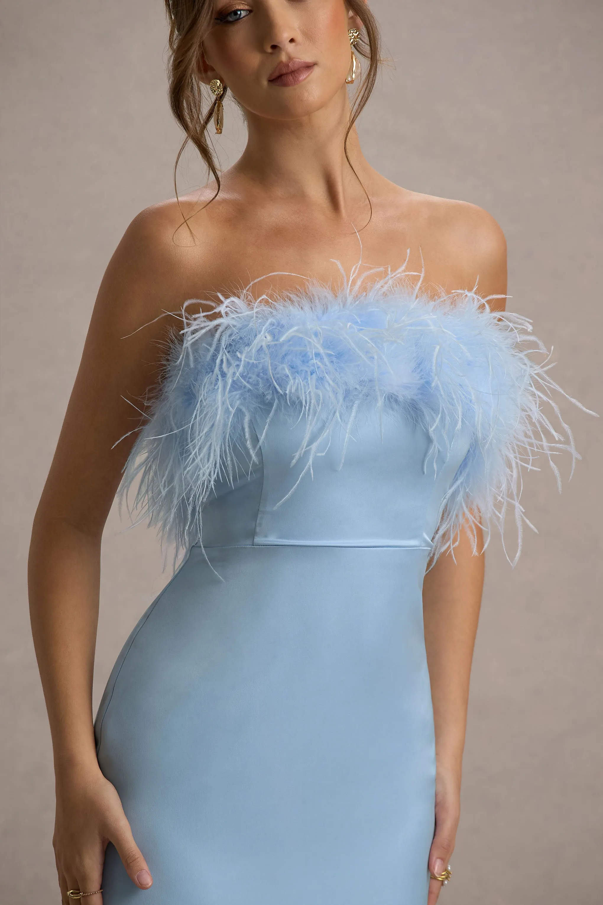 Dress For It | Powder Blue Satin Feather Trim Bandeau Maxi Dress sold by Club L London product image thumbnail 3