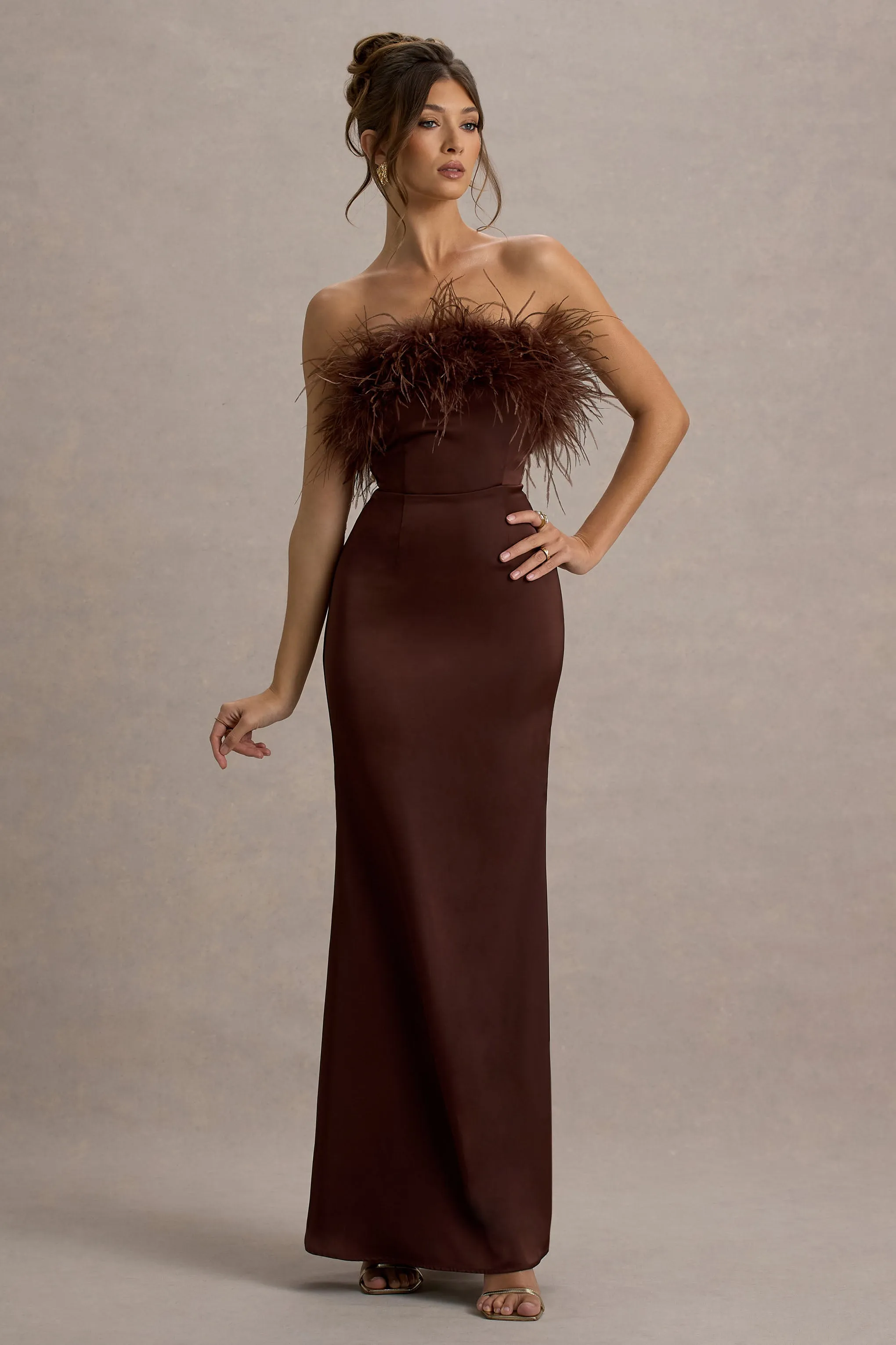 Dress For It | Brown Satin Feather Trim Bandeau Maxi Dress sold by Club L London