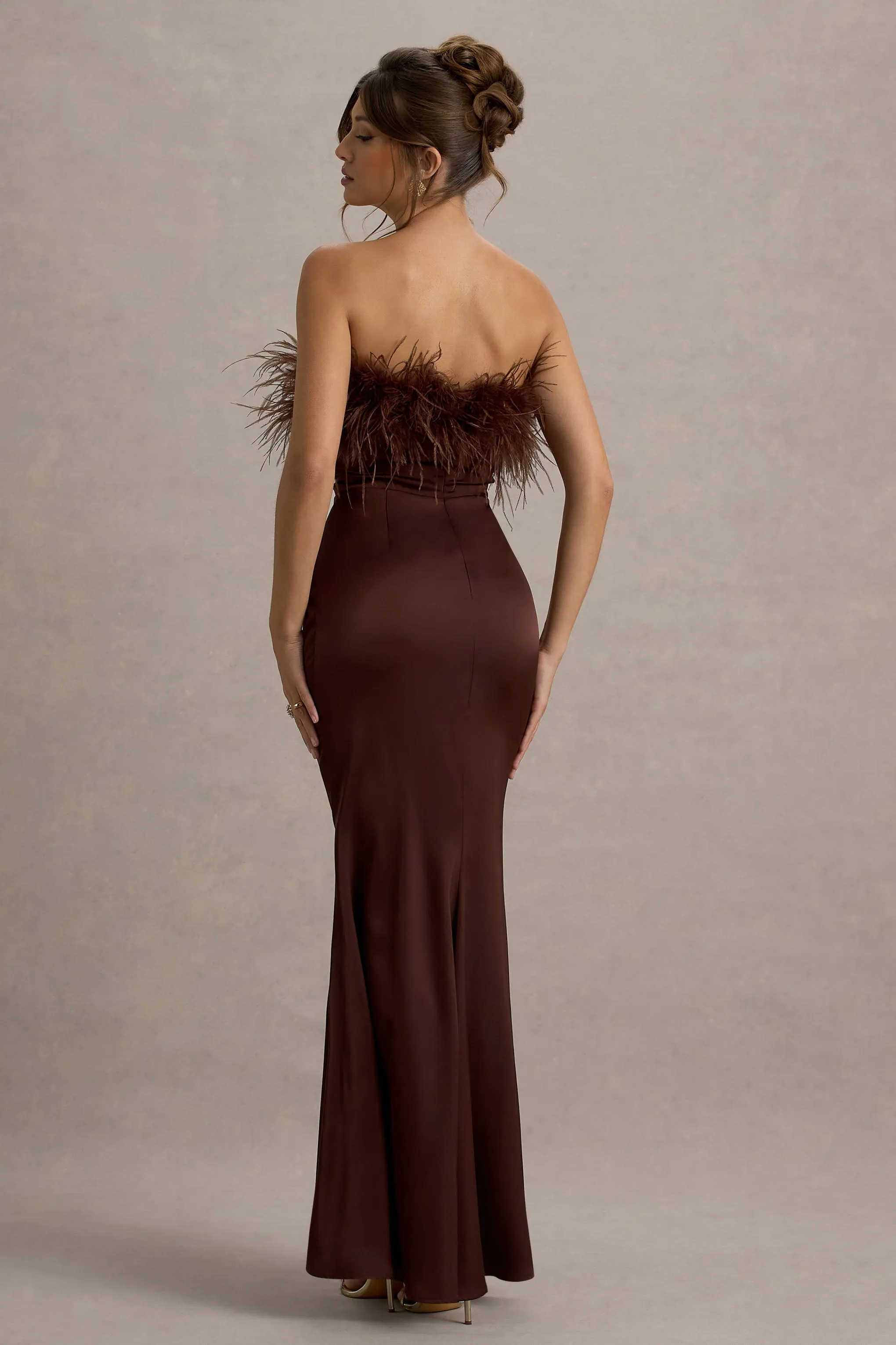 Dress For It | Brown Satin Feather Trim Bandeau Maxi Dress sold by Club L London product image thumbnail 2