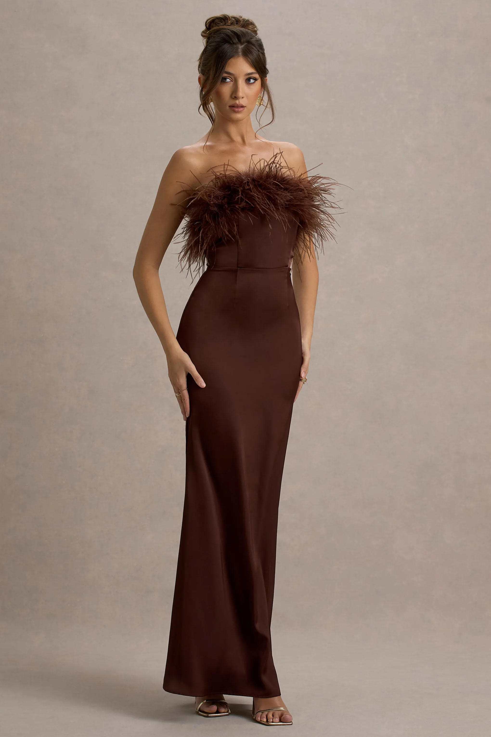 Dress For It | Brown Satin Feather Trim Bandeau Maxi Dress sold by Club L London product image thumbnail 4