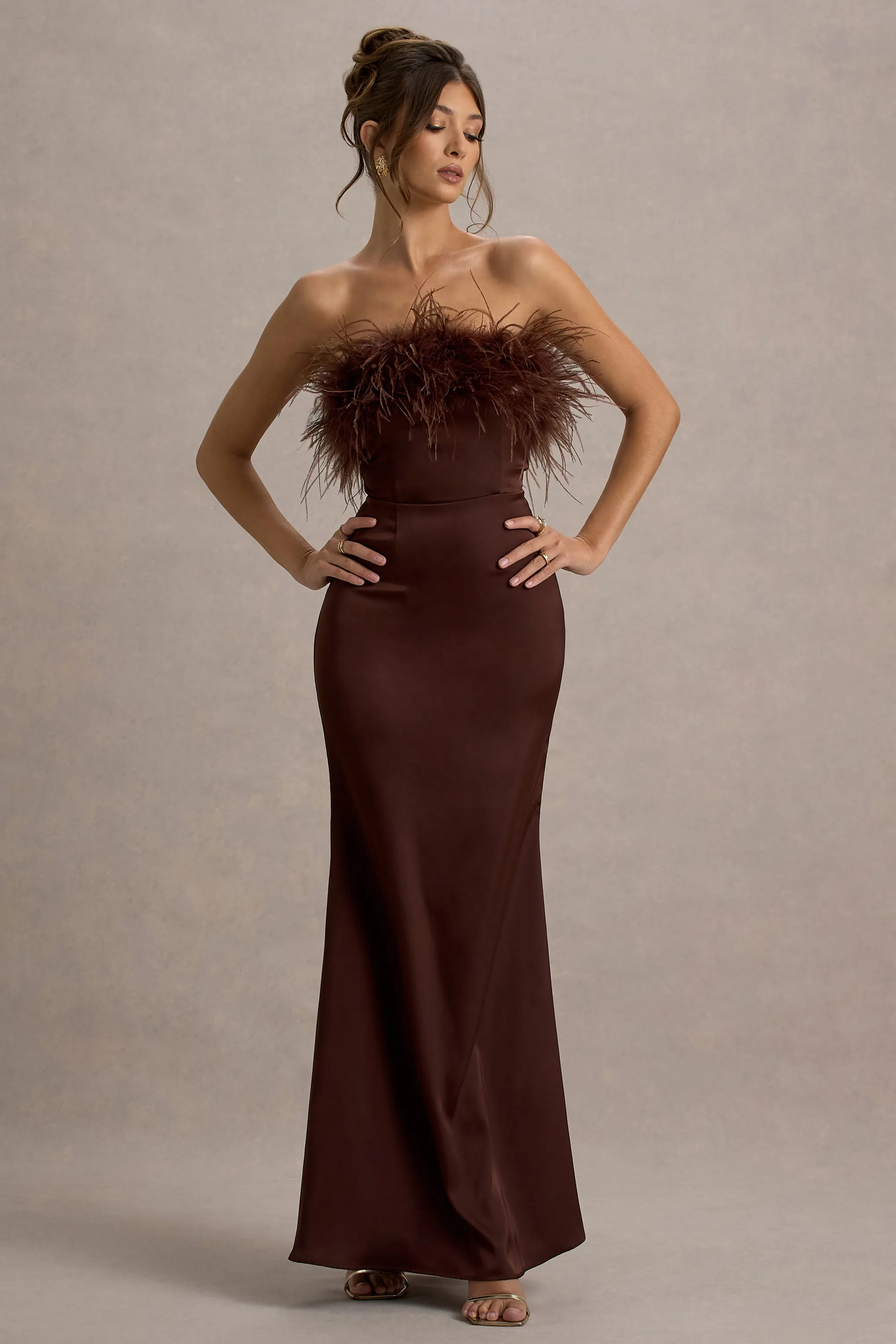 Dress For It | Brown Satin Feather Trim Bandeau Maxi Dress sold by Club L London product image thumbnail 5