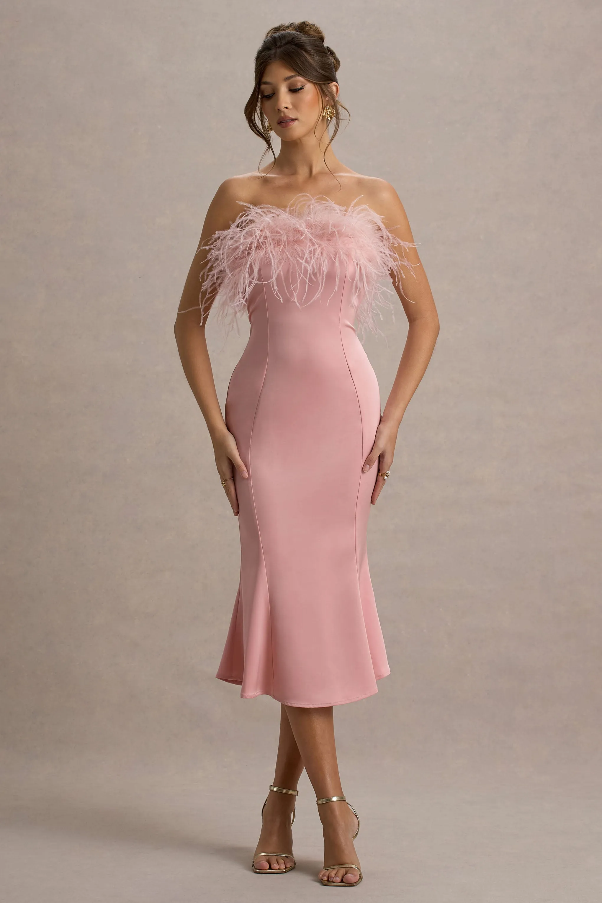 One And Only | Light Pink Satin Feather Trim Bandeau Midi Dress sold by Club L London
