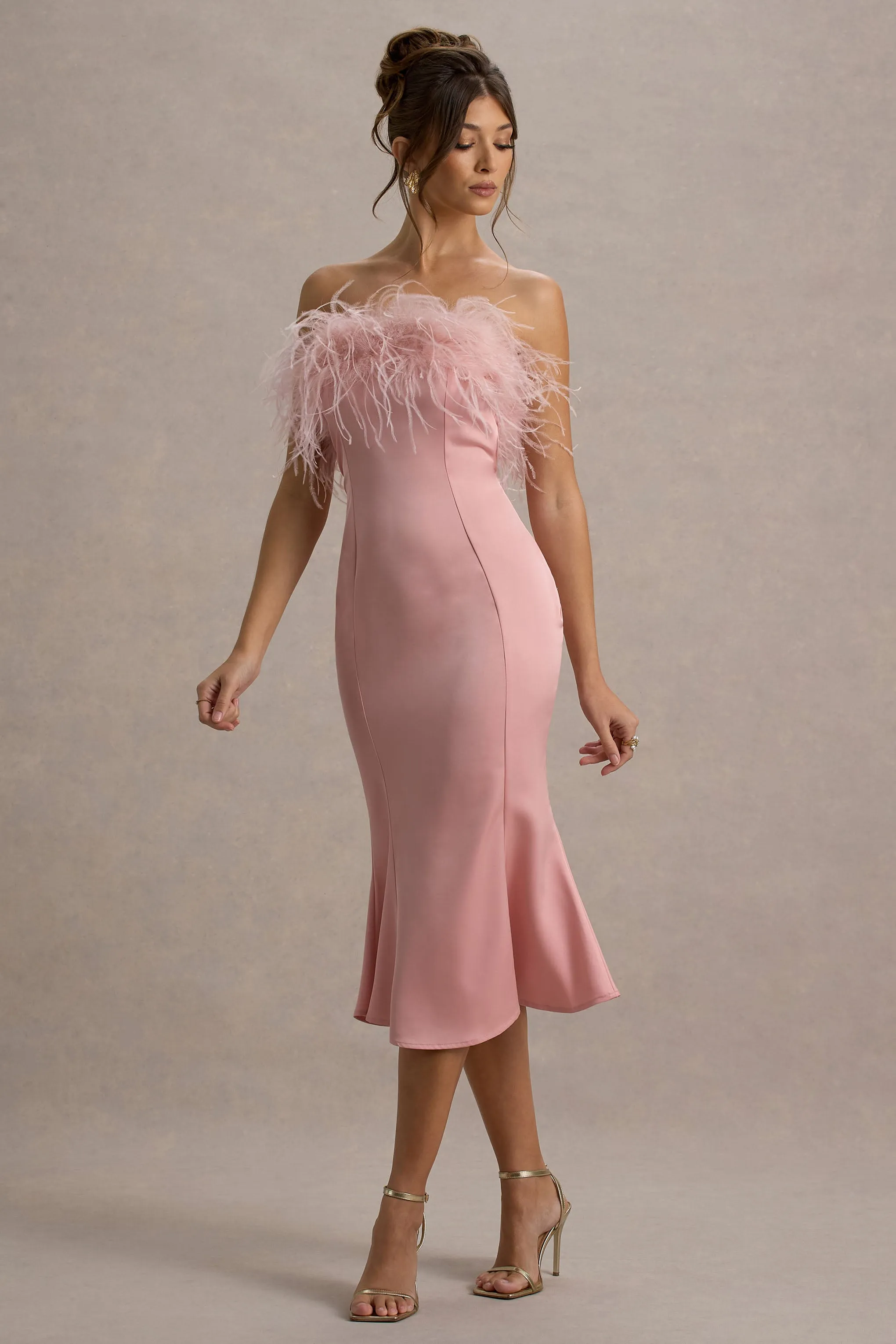 One And Only | Light Pink Satin Feather Trim Bandeau Midi Dress sold by Club L London product image thumbnail 4