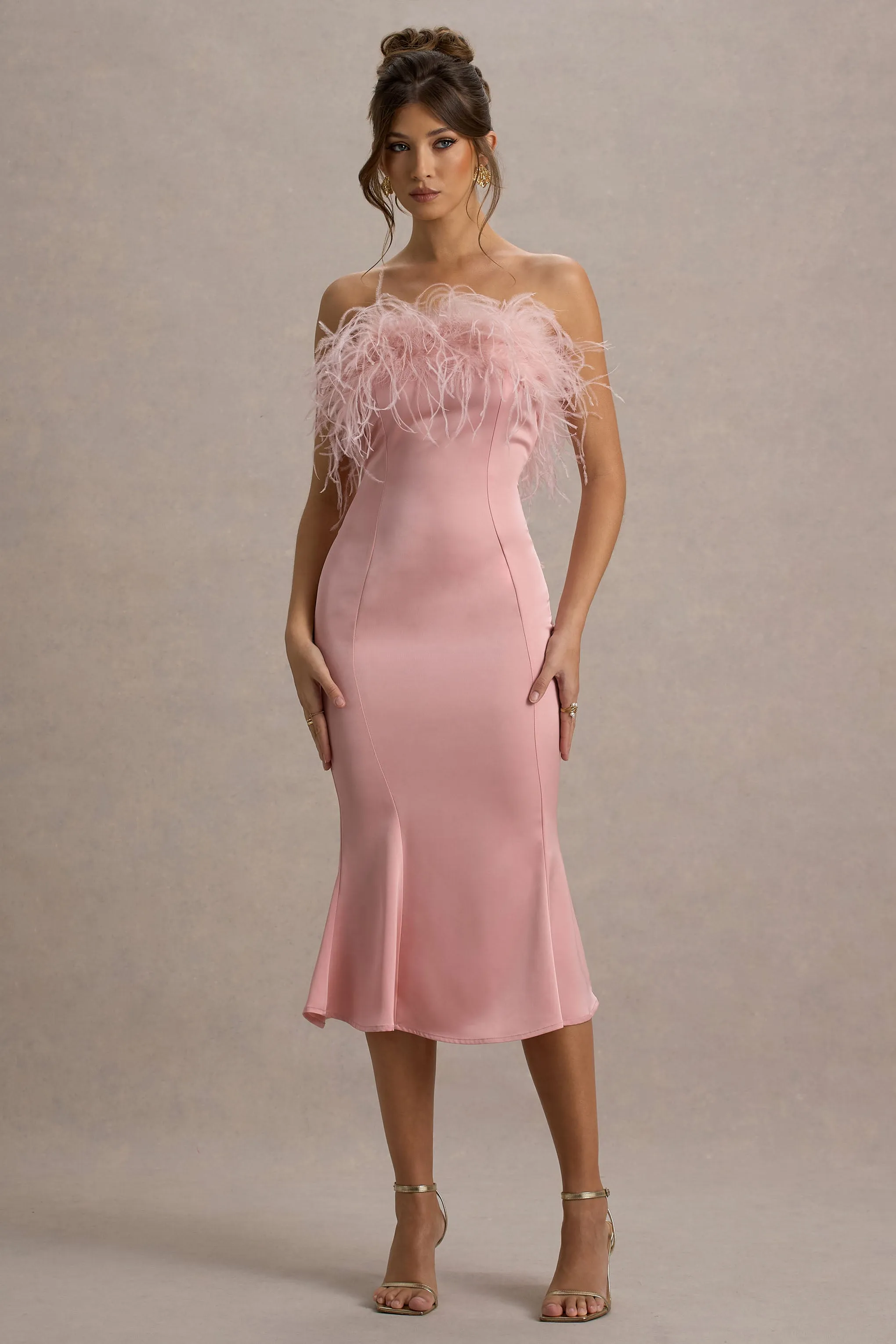 One And Only | Light Pink Satin Feather Trim Bandeau Midi Dress sold by Club L London product image thumbnail 5