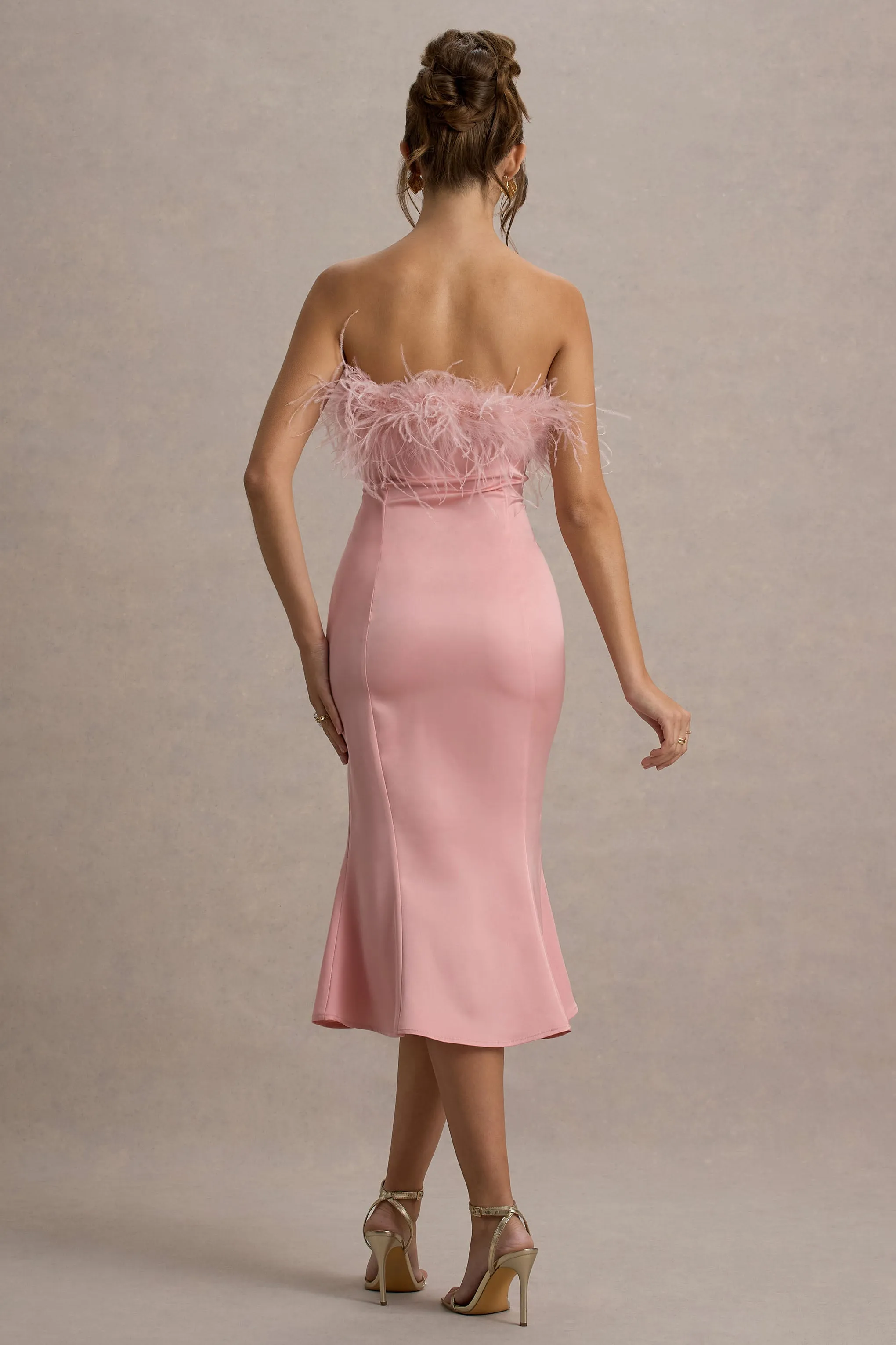 One And Only | Light Pink Satin Feather Trim Bandeau Midi Dress sold by Club L London product image thumbnail 2