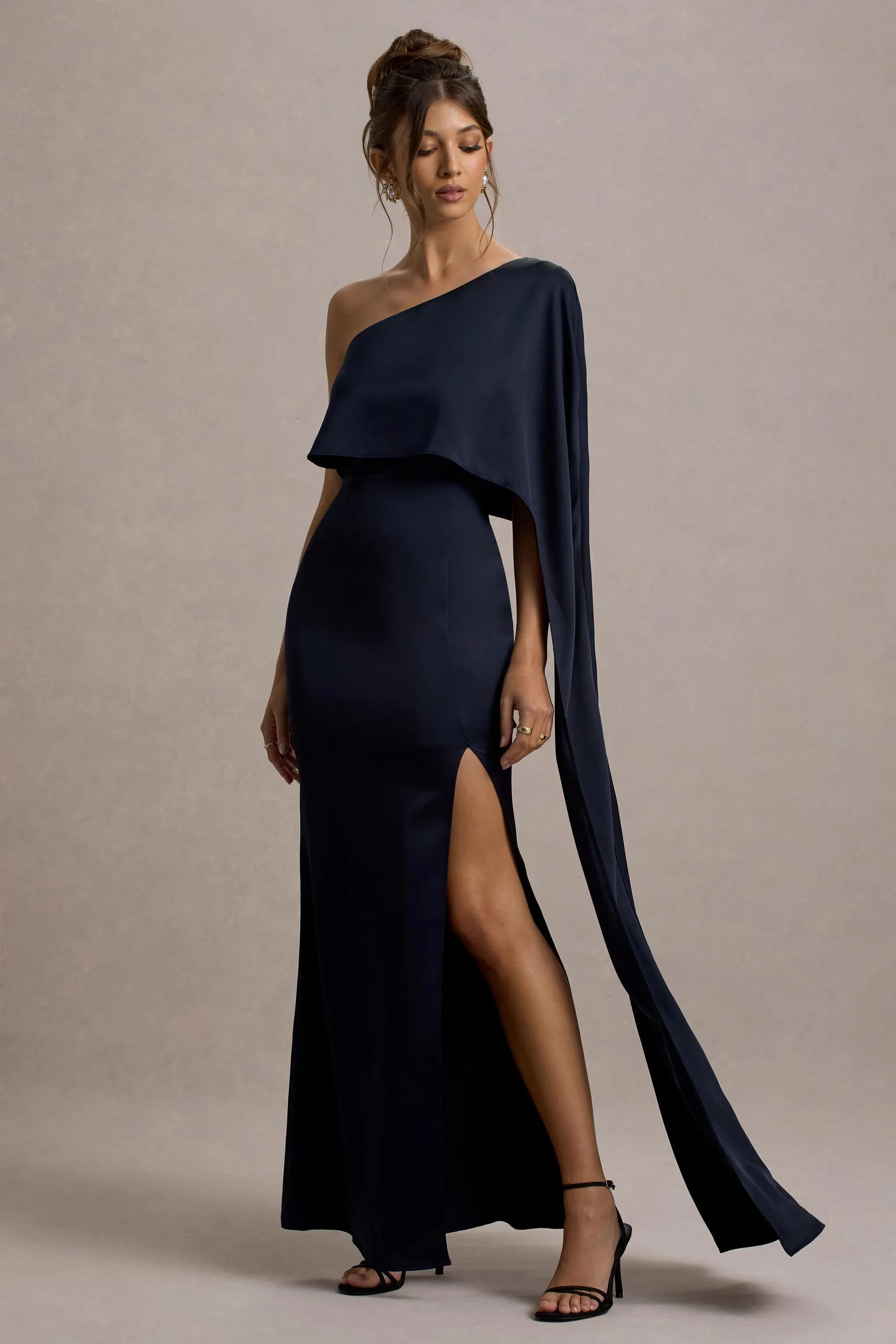 Amora | Navy Satin Asymmetric Cape-Sleeve Split Maxi Dress sold by Club L London product image thumbnail 5