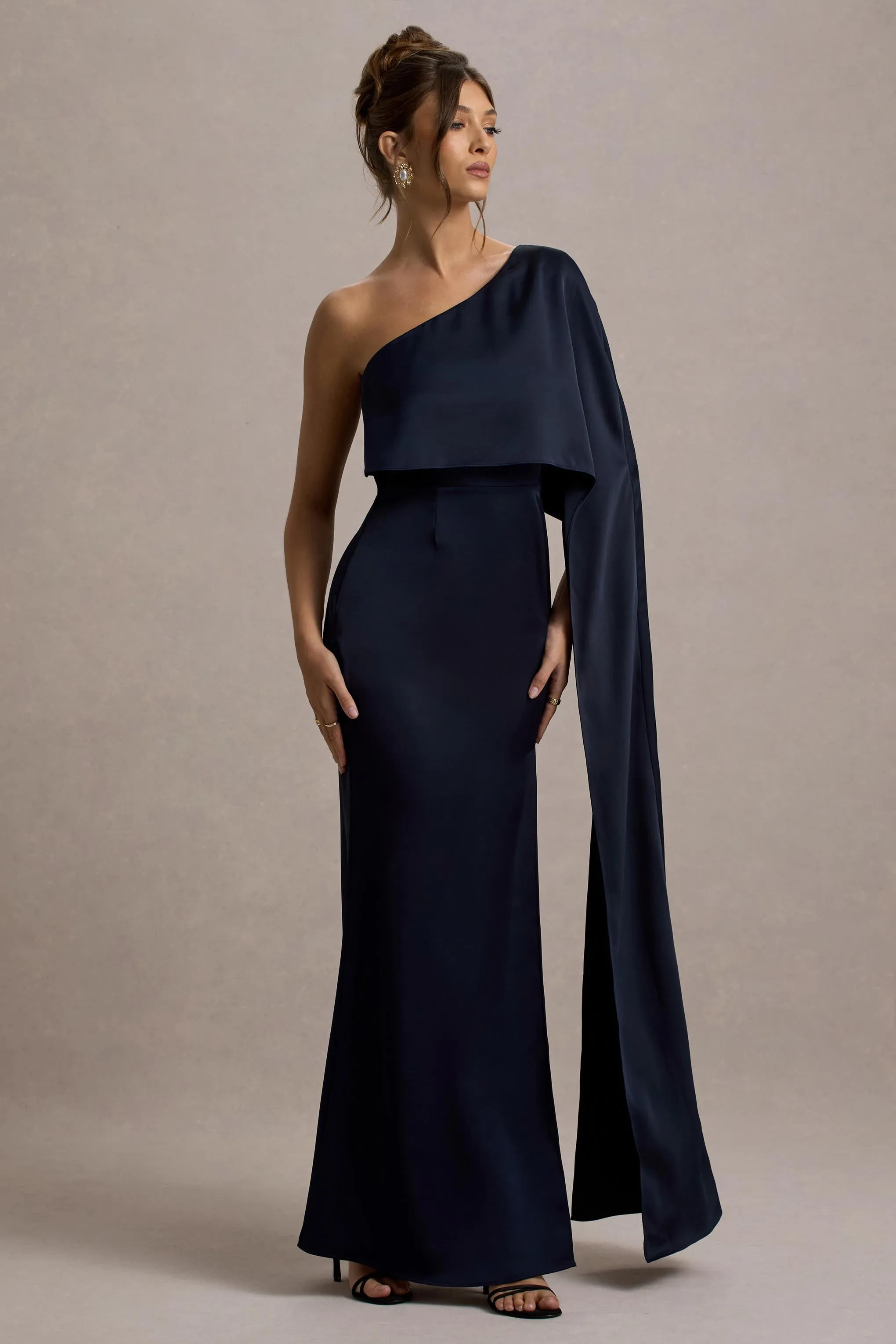 Amora | Navy Satin Asymmetric Cape-Sleeve Split Maxi Dress sold by Club L London product image thumbnail 4
